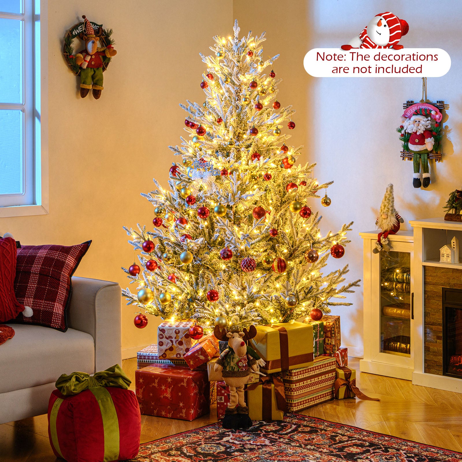 6 Ft Pre-Lit Artificial Christmas Tree, Hinged Snow Flocked, Green Christmas Tree at Gallery Canada