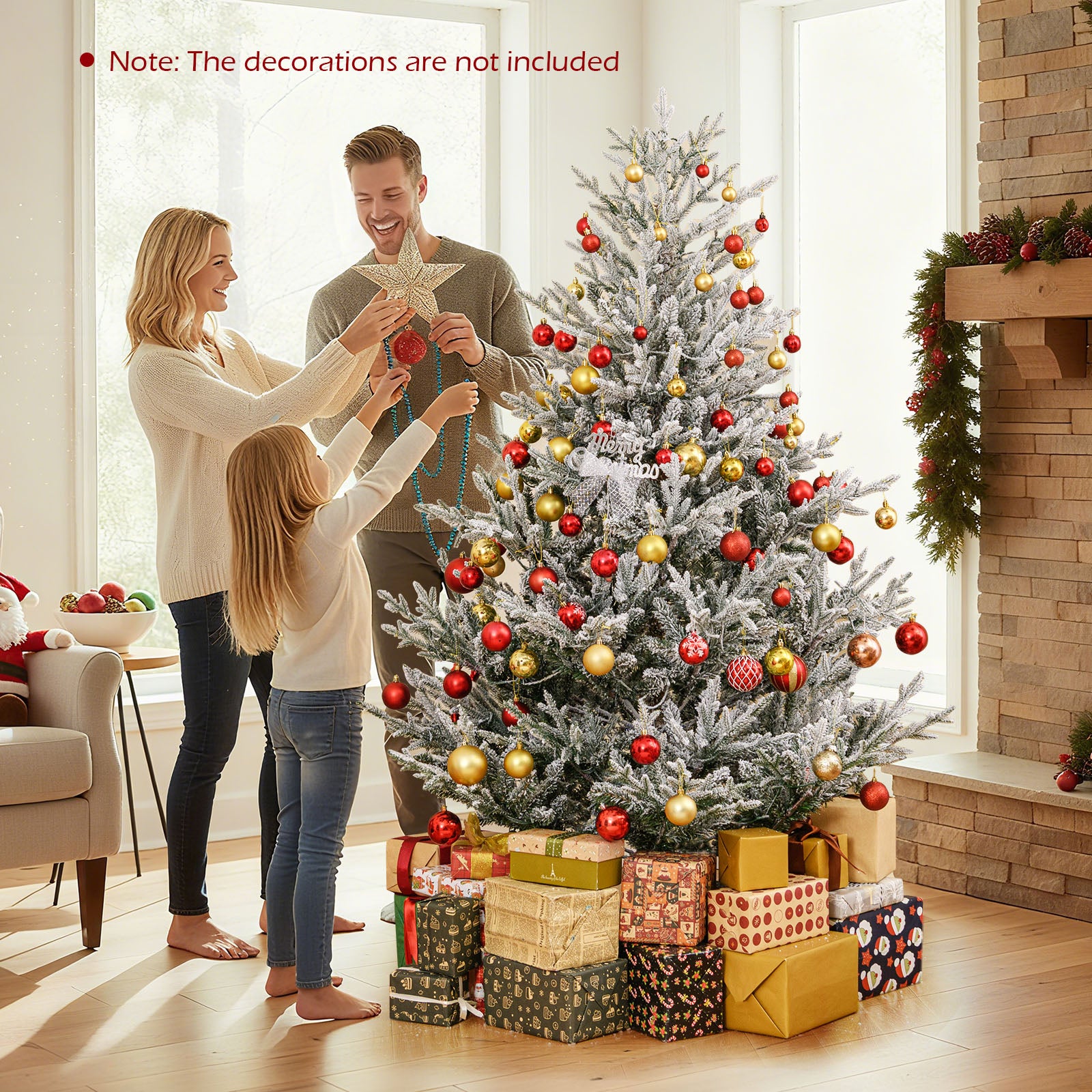 6 Ft Pre-Lit Artificial Christmas Tree, Hinged Snow Flocked, Green Christmas Tree at Gallery Canada