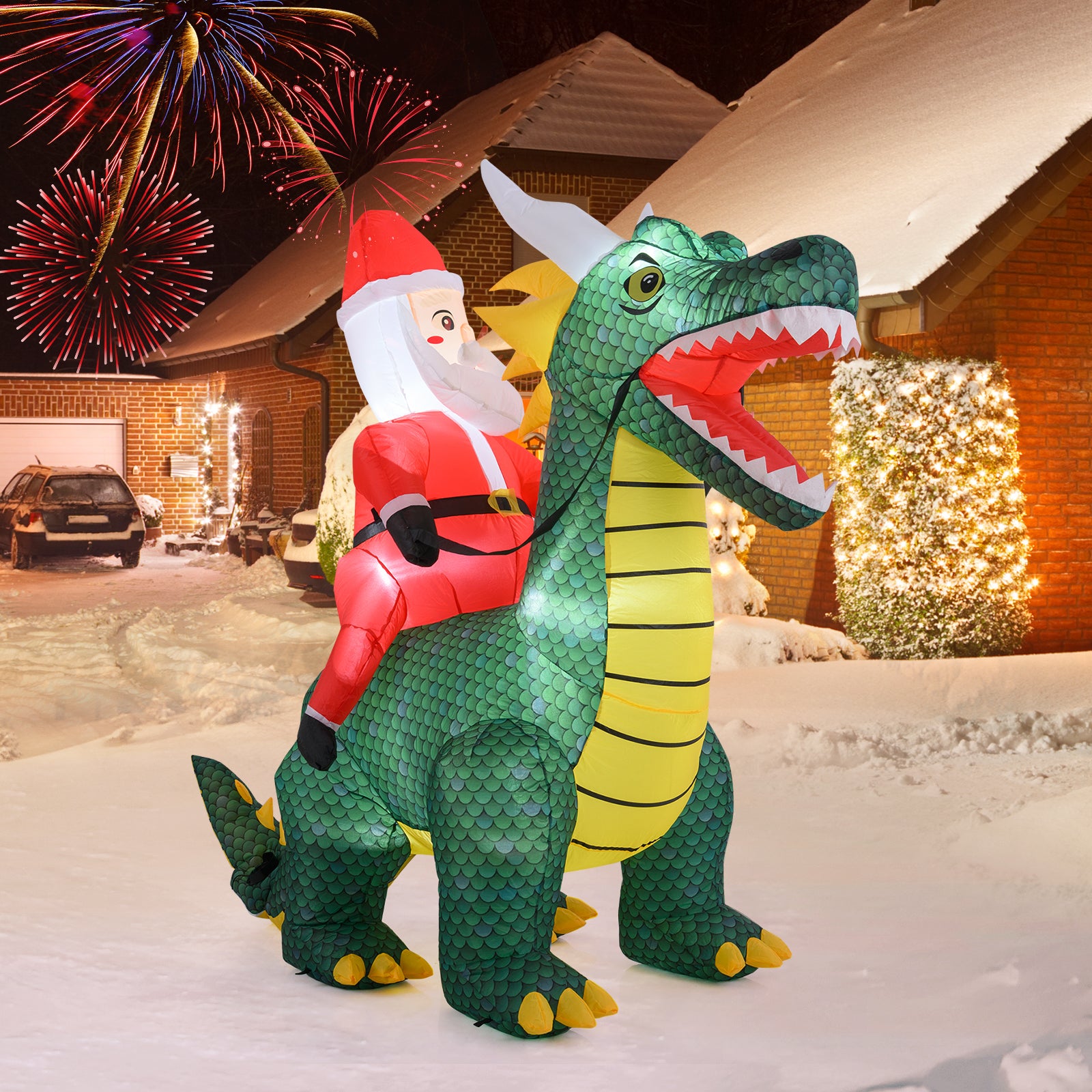 6.7 Feet Inflatable Santa Claus Ride On Dinosaur, Built-in LED Lights, Green Christmas Inflatables at Gallery Canada