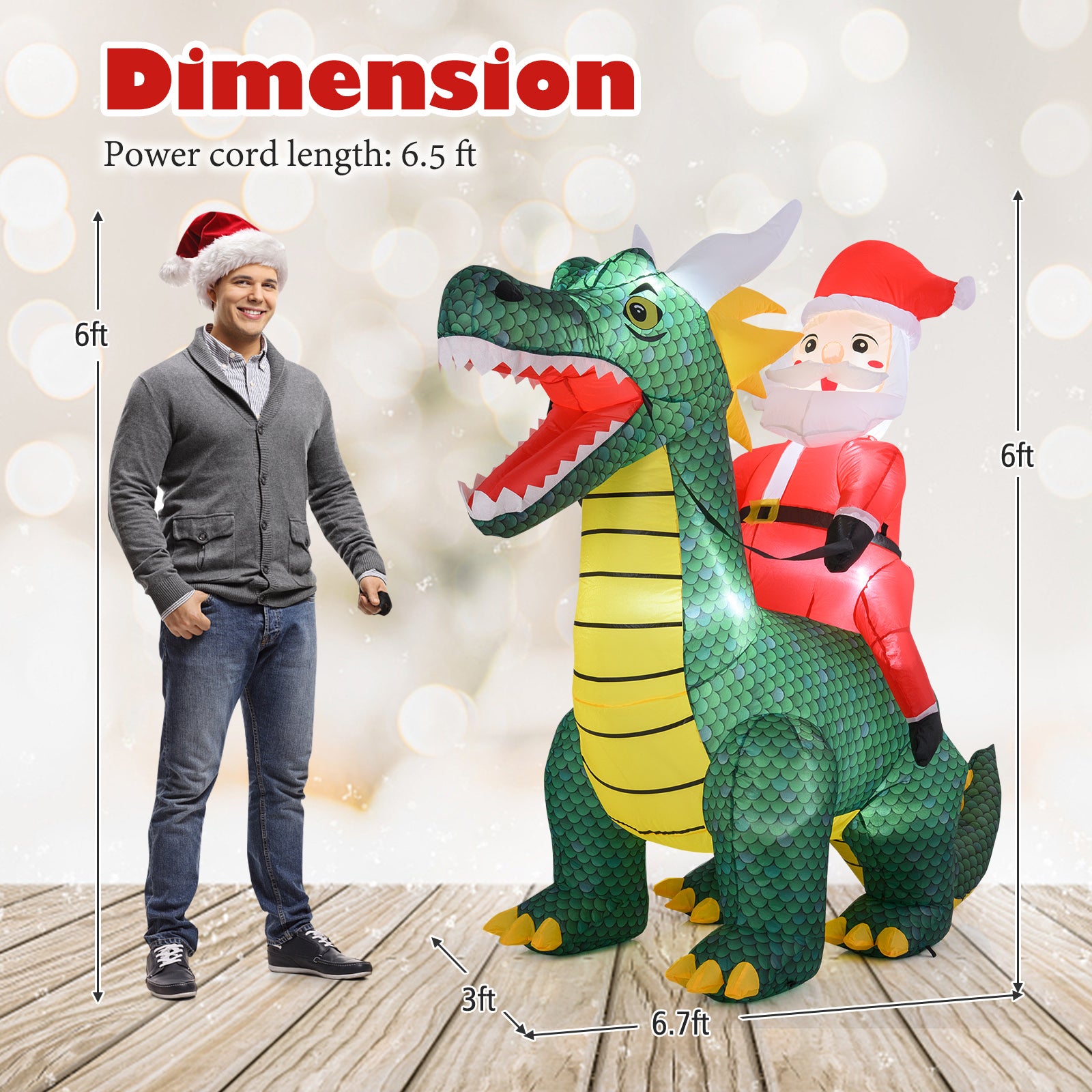 6.7 Feet Inflatable Santa Claus Ride On Dinosaur, Built-in LED Lights, Green Christmas Inflatables at Gallery Canada