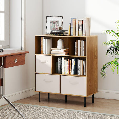 6-Cube Bookshelf with 3 Removable Folding Fabric Drawers for Living Room, Natural
