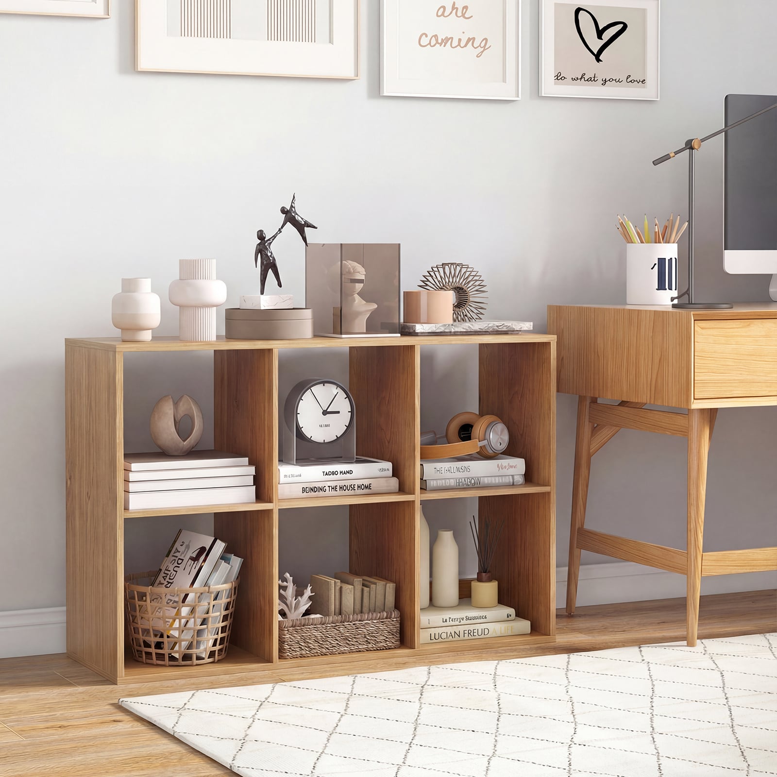 6 Cube Bookshelf With Back Guardrail, Natural Bookcases at Gallery Canada
