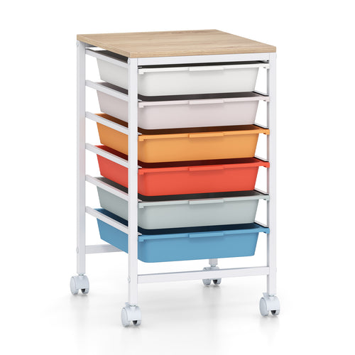 6-Drawer Rolling Storage Cart With Wooden Tabletop, Macaron