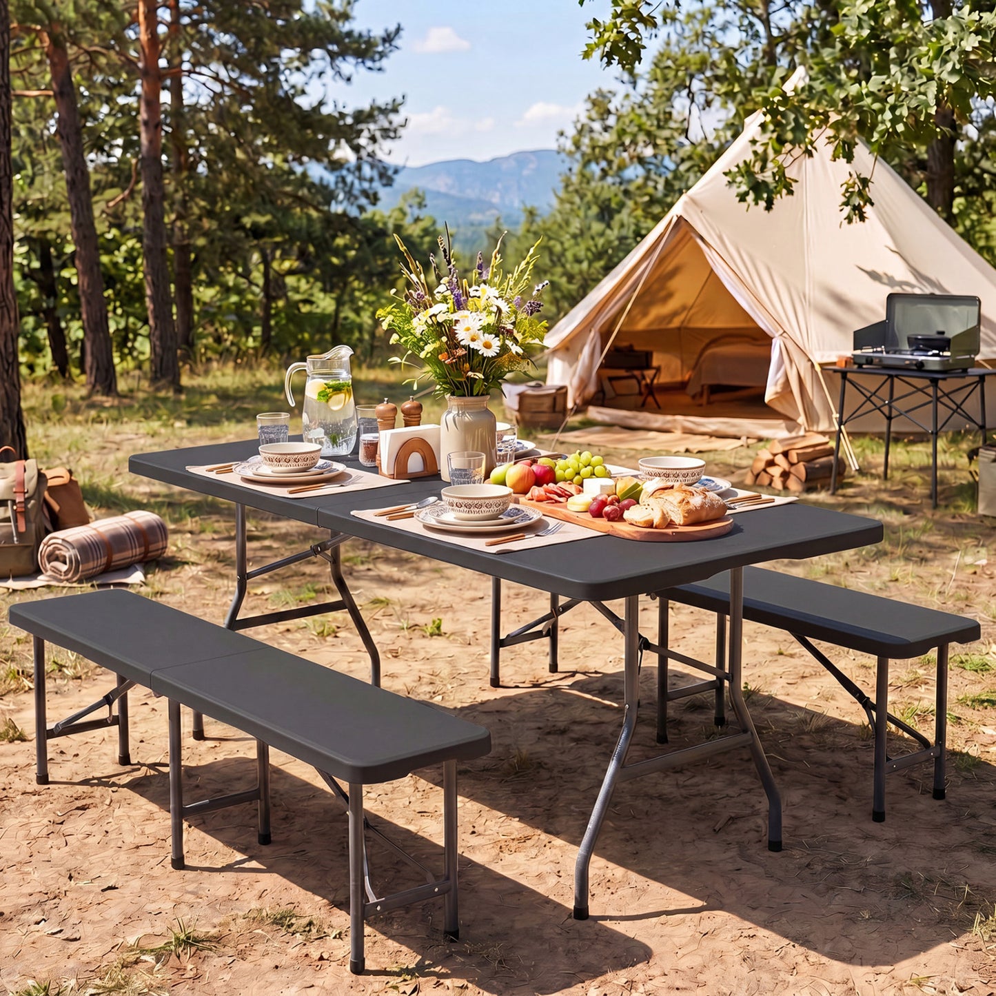 6 FT Plastic Fold-in-Half Camping Table, Black Picnic Tables at Gallery Canada