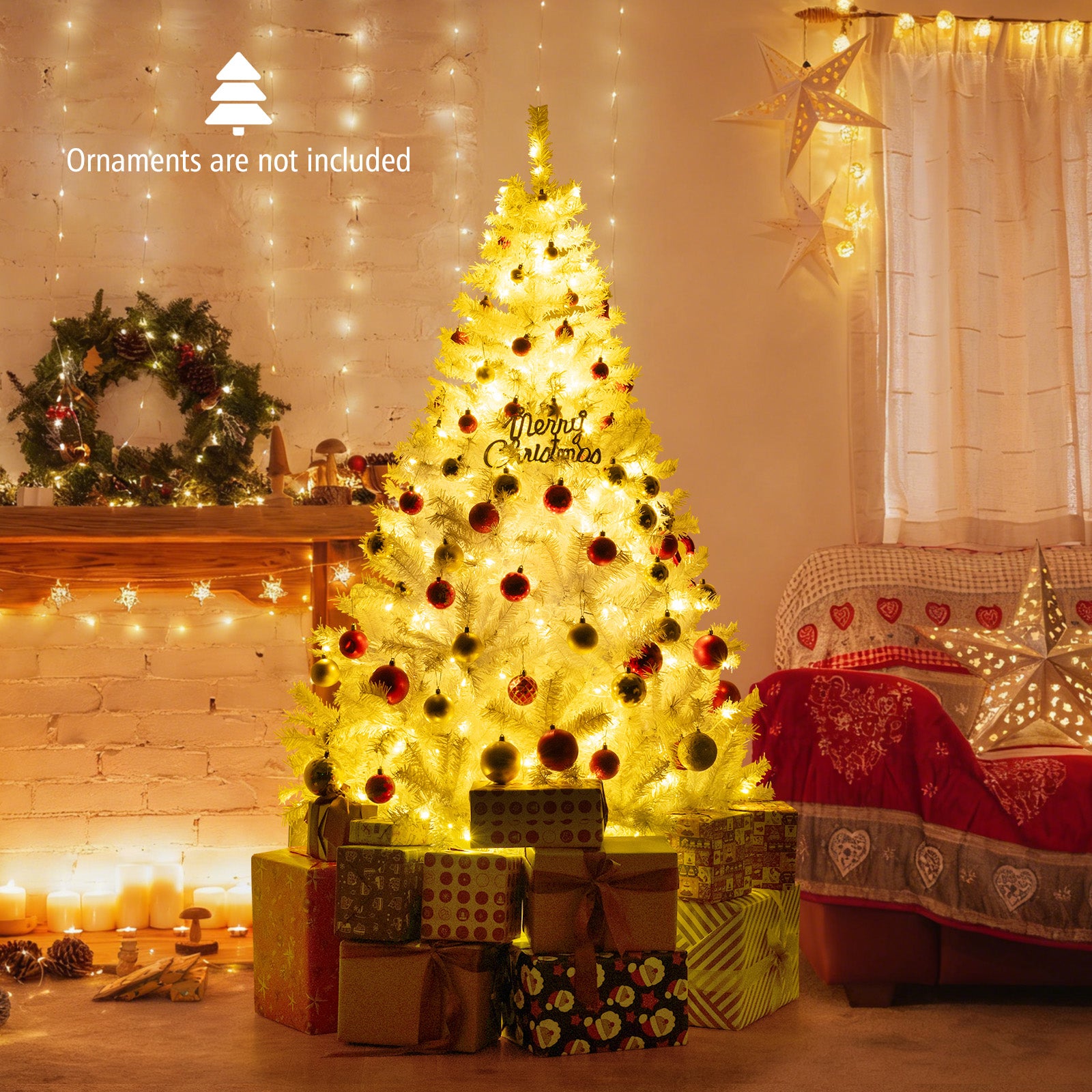 6 Feet Artificial Christmas Tree, Hinged Pre-Lit, 11 Lighting Modes, White Christmas Tree at Gallery Canada