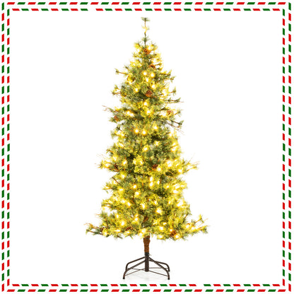 6 Feet Artificial Christmas Tree Pre-lit Hinged Xmas Tree with Warm White LED Lights and Pine Cones, Green Christmas Tree Green at Gallery Canada
