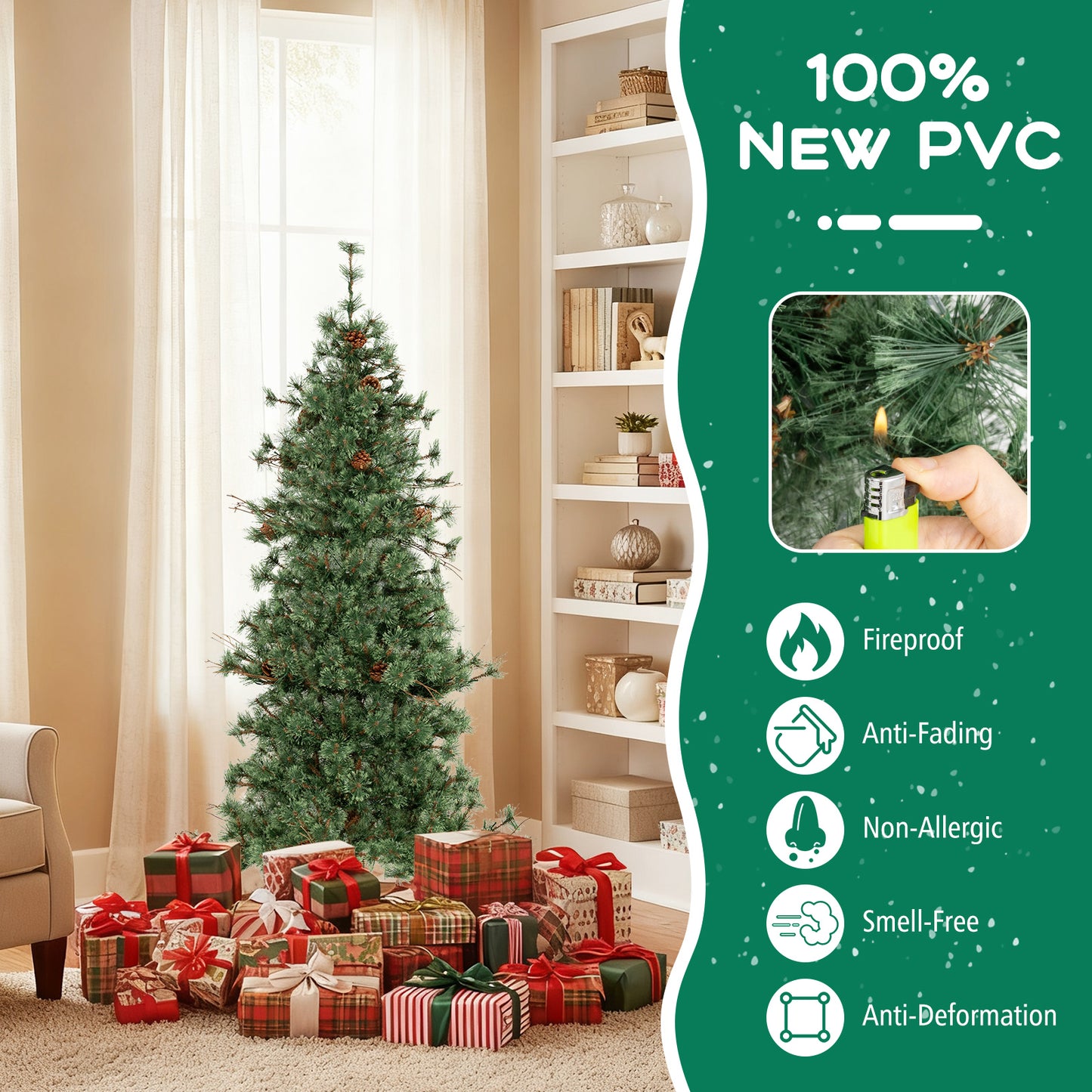 6 Feet Artificial Christmas Tree Pre-lit Hinged Xmas Tree with Warm White LED Lights and Pine Cones, Green Christmas Tree at Gallery Canada