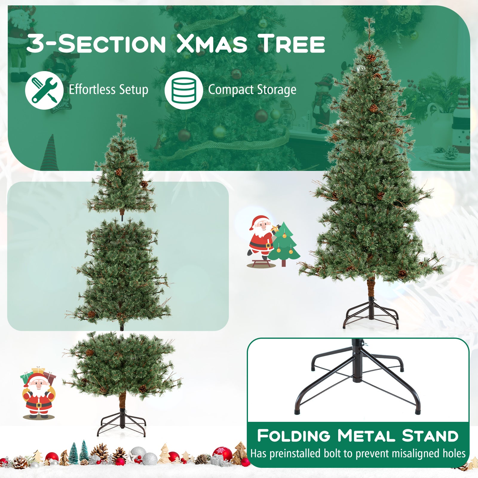 6 Feet Artificial Christmas Tree Pre-lit Hinged Xmas Tree with Warm White LED Lights and Pine Cones, Green Christmas Tree at Gallery Canada