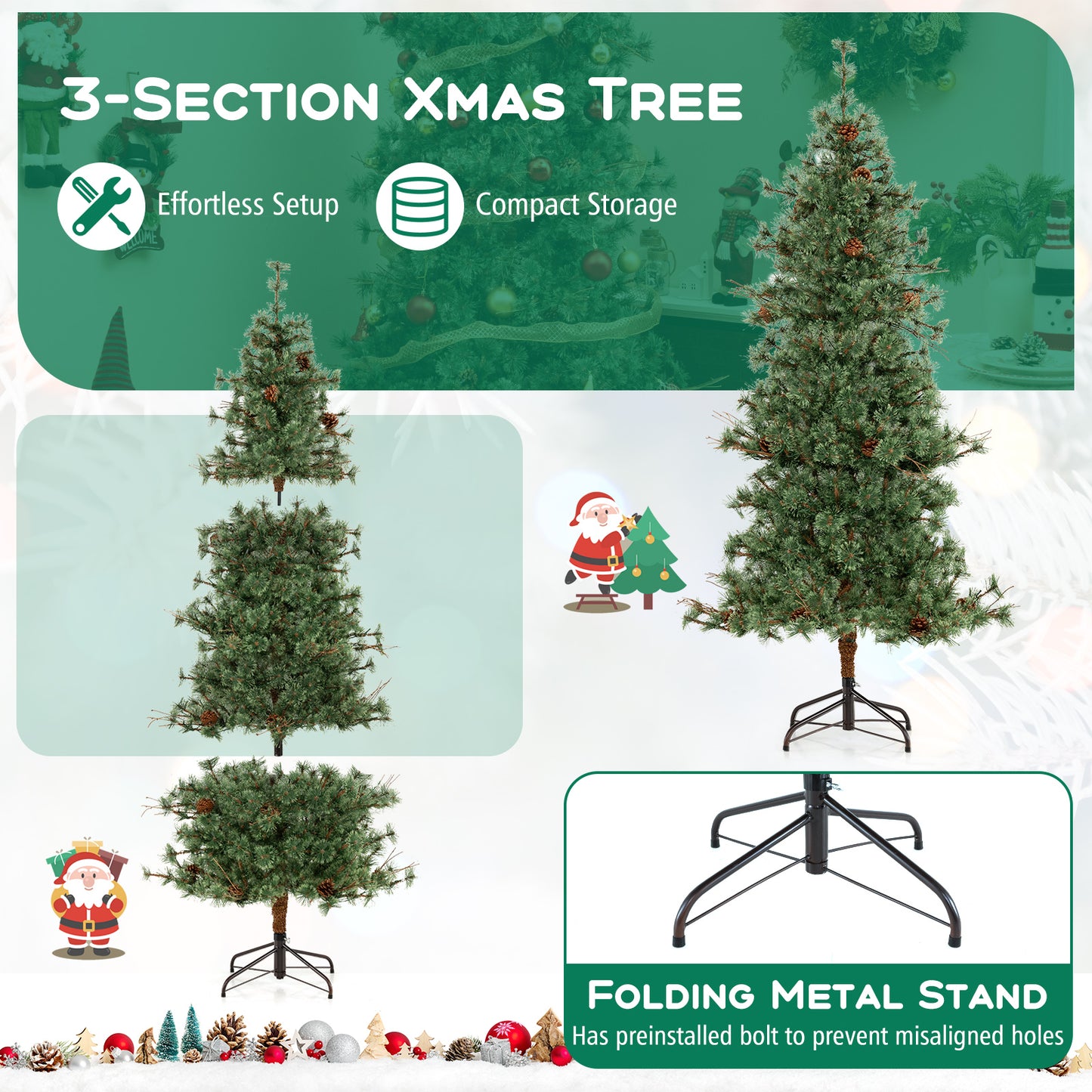 6 Feet Artificial Christmas Tree Pre-lit Hinged Xmas Tree with Warm White LED Lights and Pine Cones, Green Christmas Tree at Gallery Canada