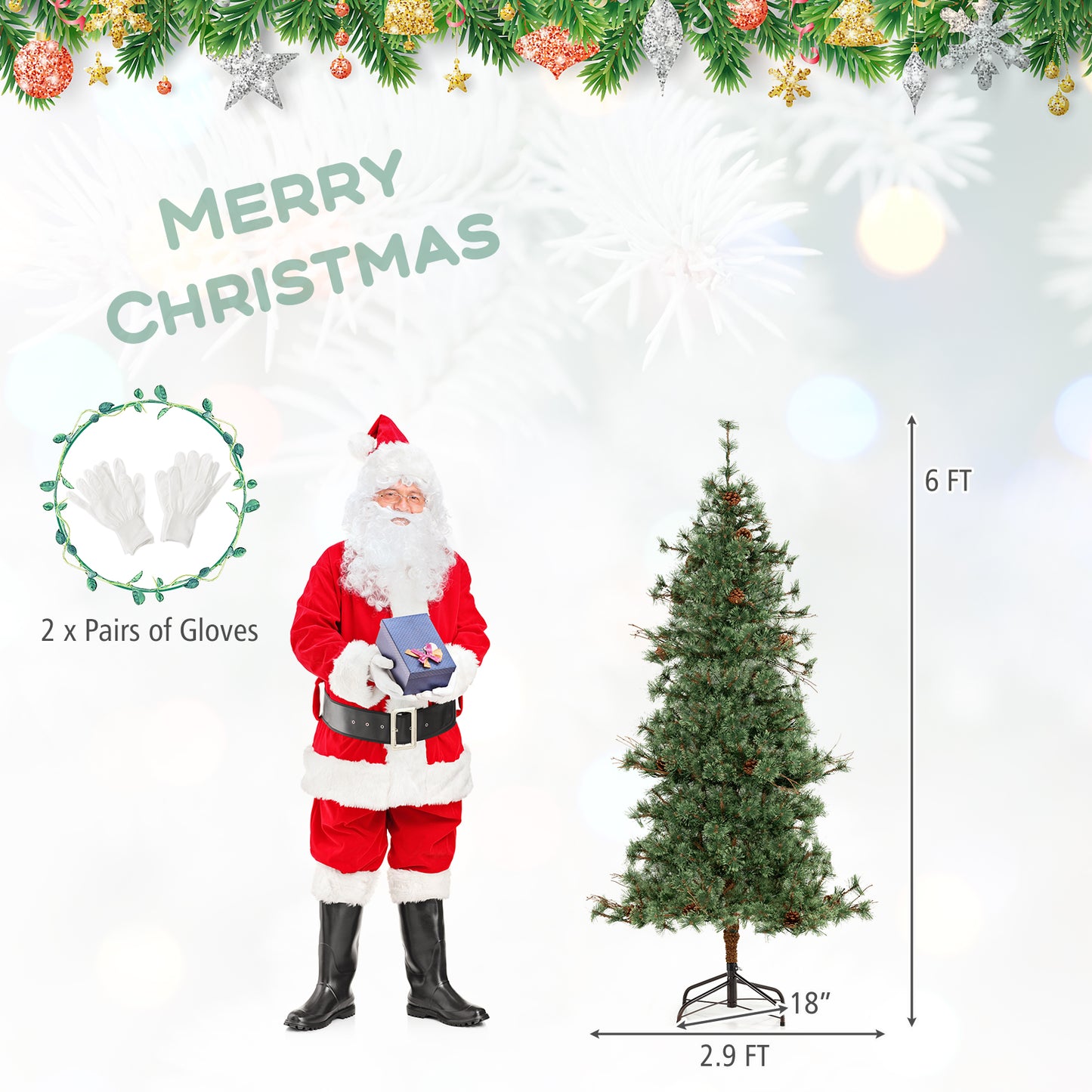 6 Feet Artificial Christmas Tree Pre-lit Hinged Xmas Tree with Warm White LED Lights and Pine Cones, Green Christmas Tree at Gallery Canada