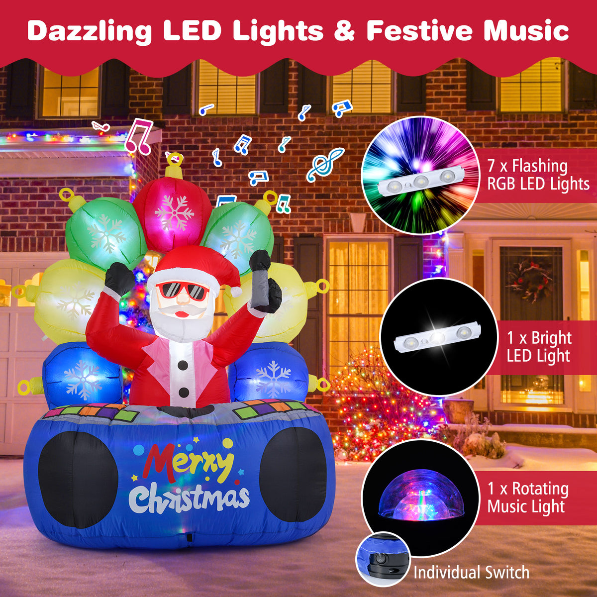 6 Feet Inflatable DJ Santa, Rotating Music Light, Flashing LEDs, Multicolor Christmas Inflatables at Gallery Canada