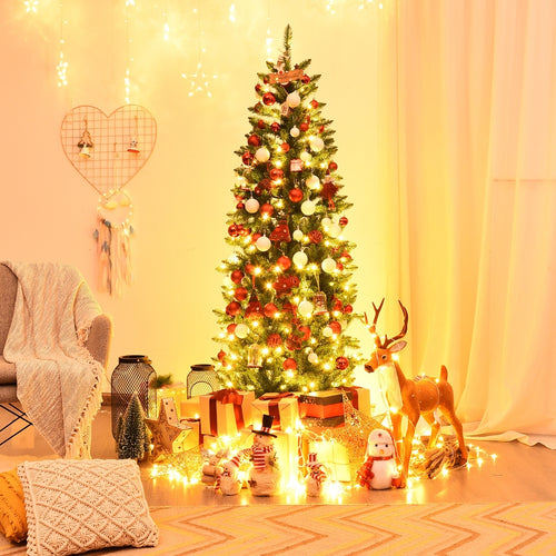 6 ft Pre-lit PVC Hinged Artificial Fir Pencil Christmas Tree, 150 Lights, Green