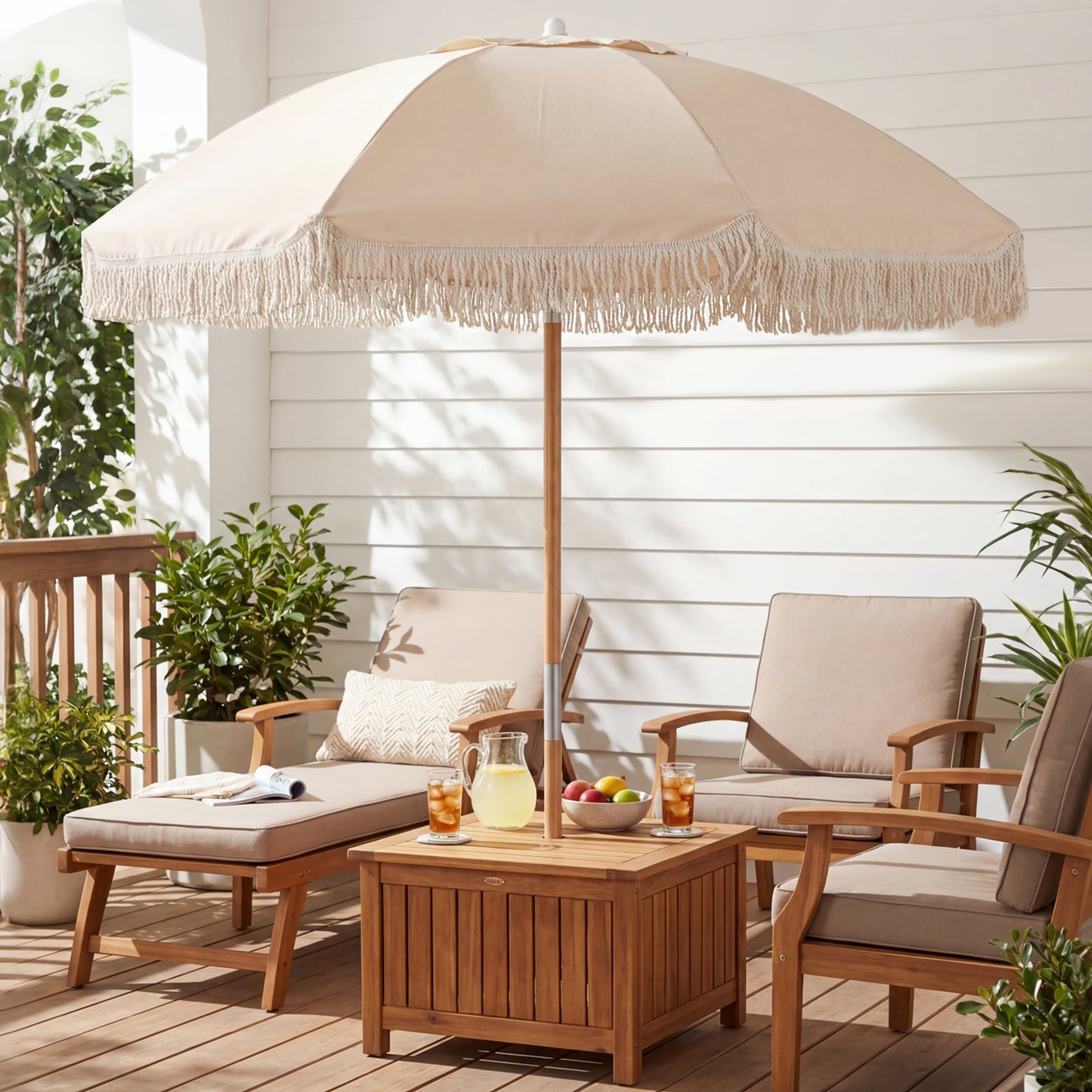 6 Feet Patio Umbrella, Push Button Tilt, Wood Pole, Off-White Outdoor Umbrellas at Gallery Canada