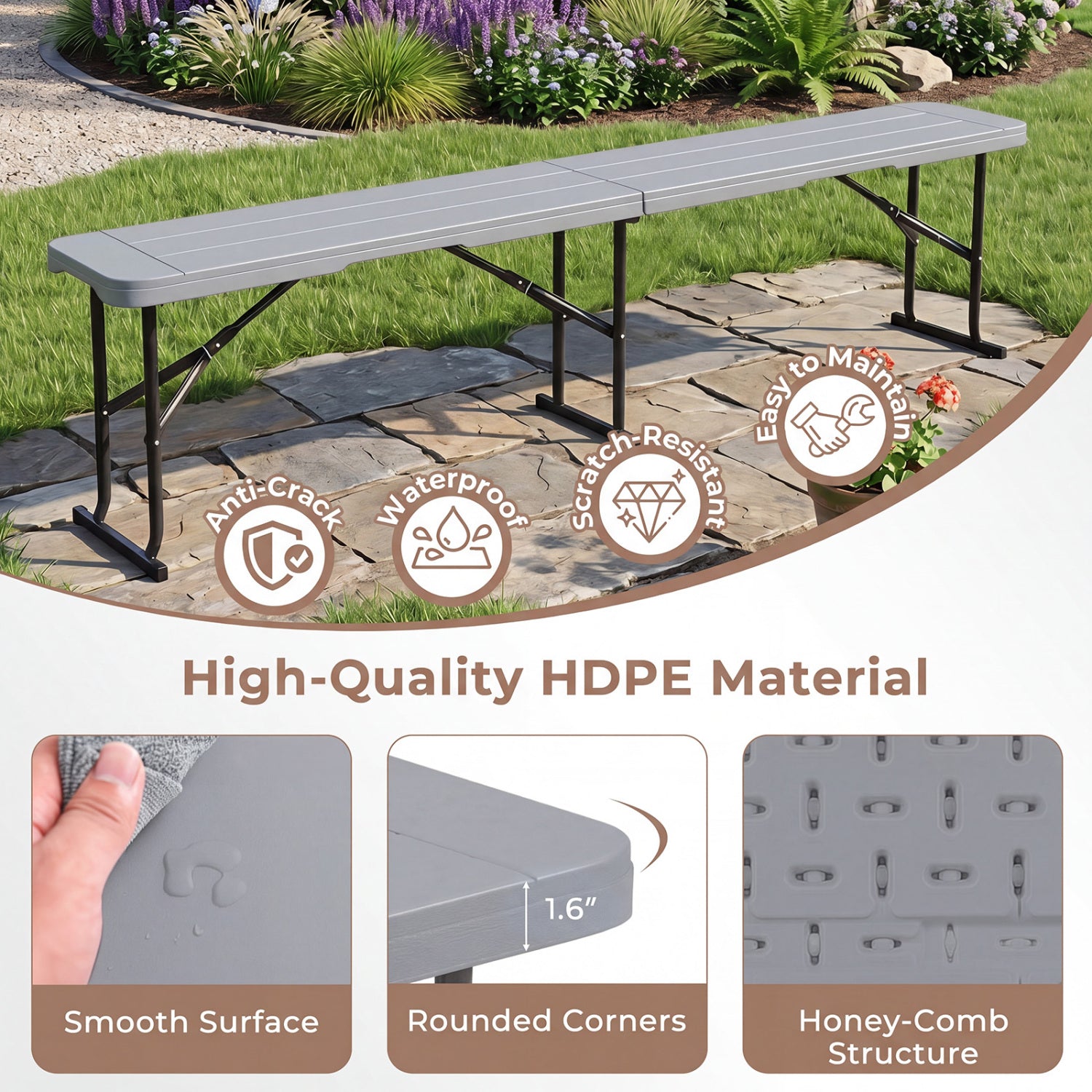 6 Feet Plastic Folding Bench Picnic Camping Dining Seat with Carrying Handle, Gray Camping Furniture at Gallery Canada