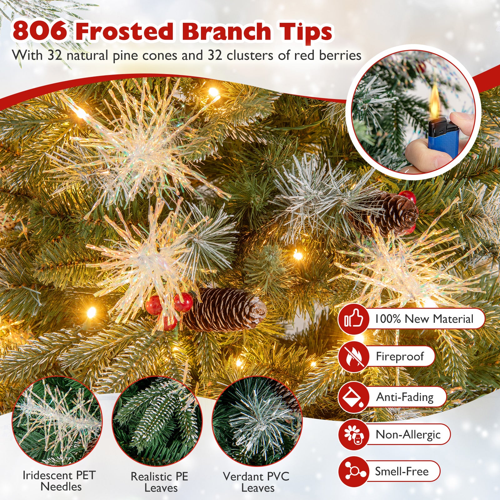 6 Feet Pre-Lit Artificial Christmas Tree, LED Lights With Berries, Green Christmas Tree at Gallery Canada