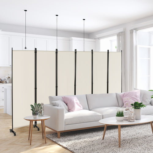 6 Panel 5.7 Feet Rolling Room Divider On Wheels, White
