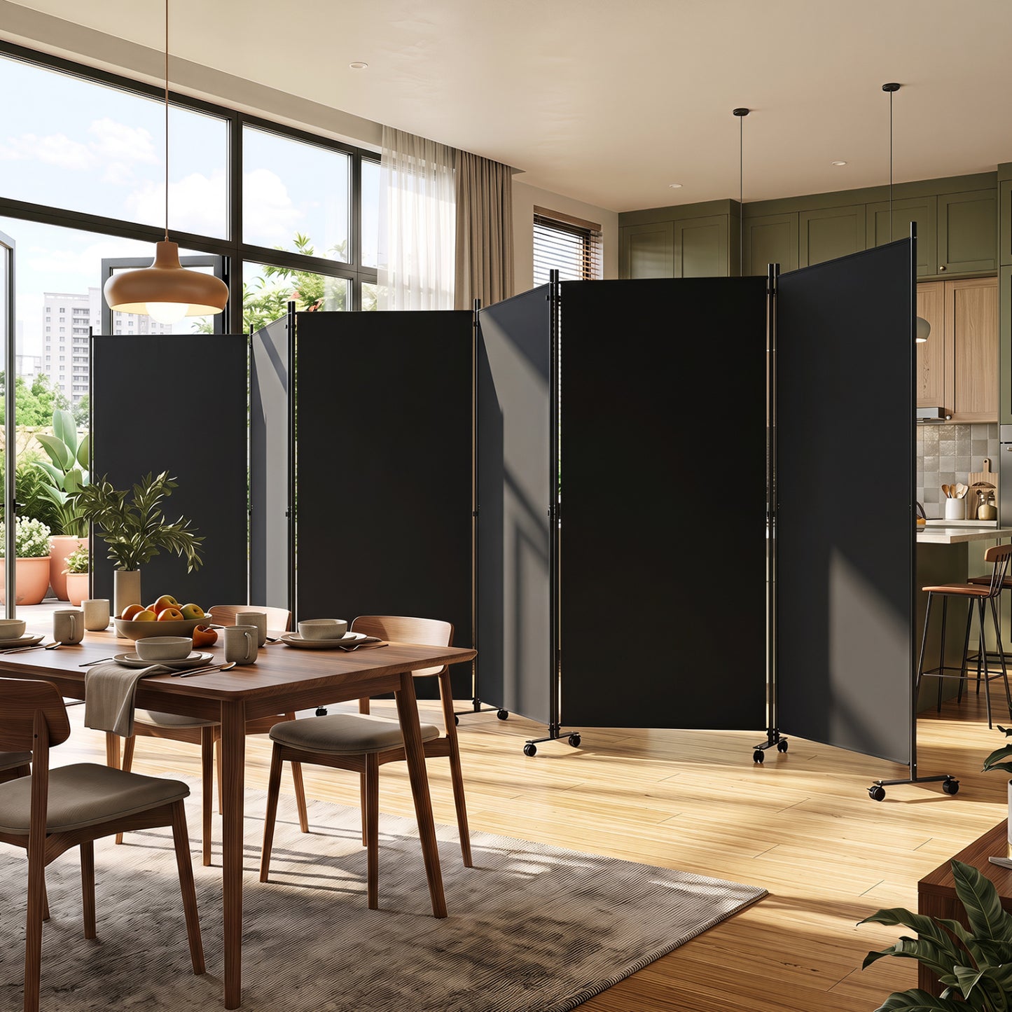 6 Panel Folding Privacy Screen Divider With Wheels, Black Room Dividers at Gallery Canada