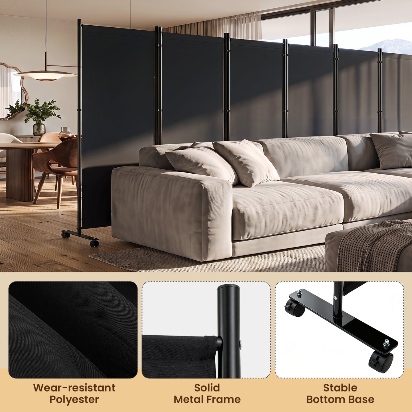 6 Panel Folding Privacy Screen Divider With Wheels, Black Room Dividers at Gallery Canada