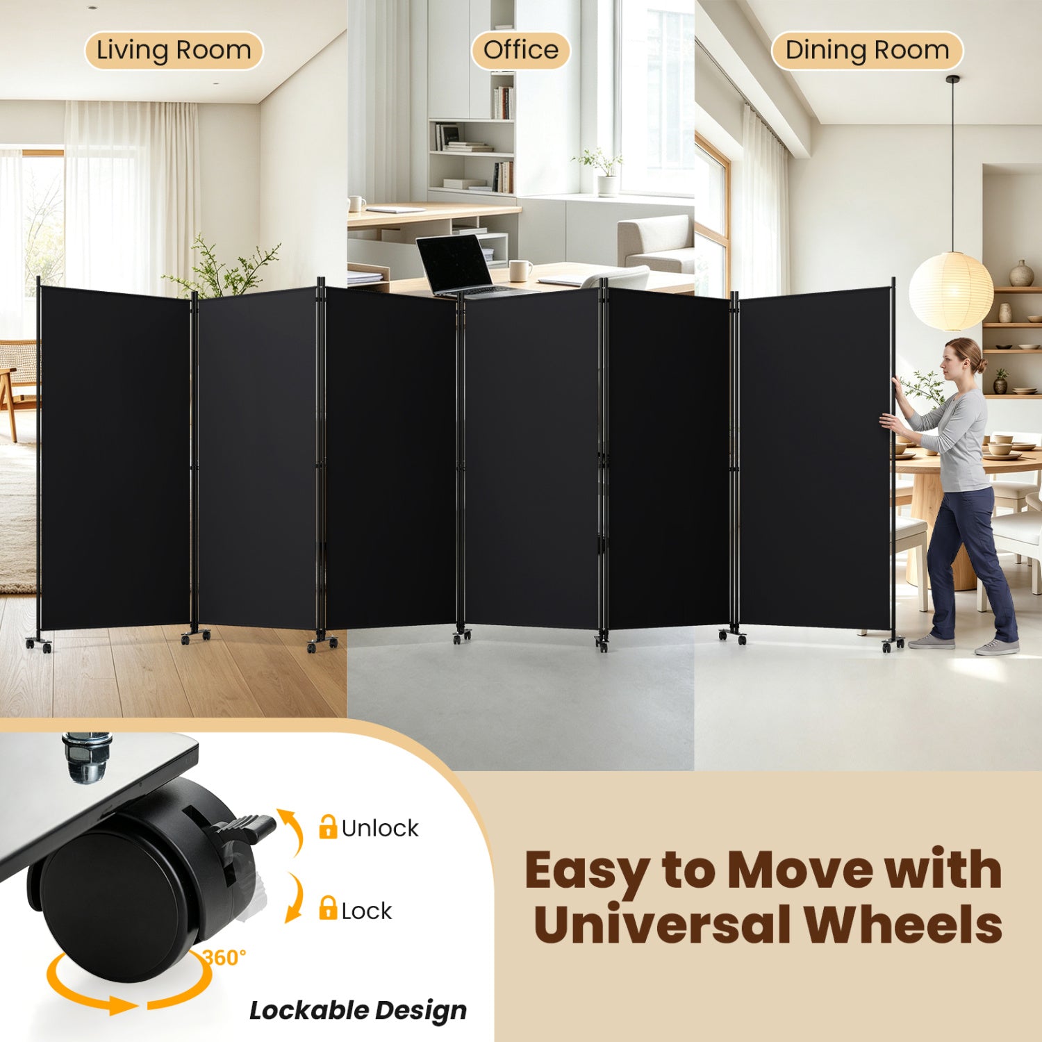 6 Panel Folding Privacy Screen Divider With Wheels, Black Room Dividers at Gallery Canada