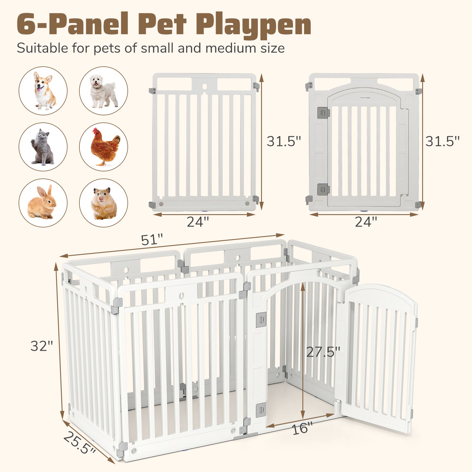 6-Panel Tall Dog Playpen, Foldable Pet Fence, White Pet Gate at Gallery Canada
