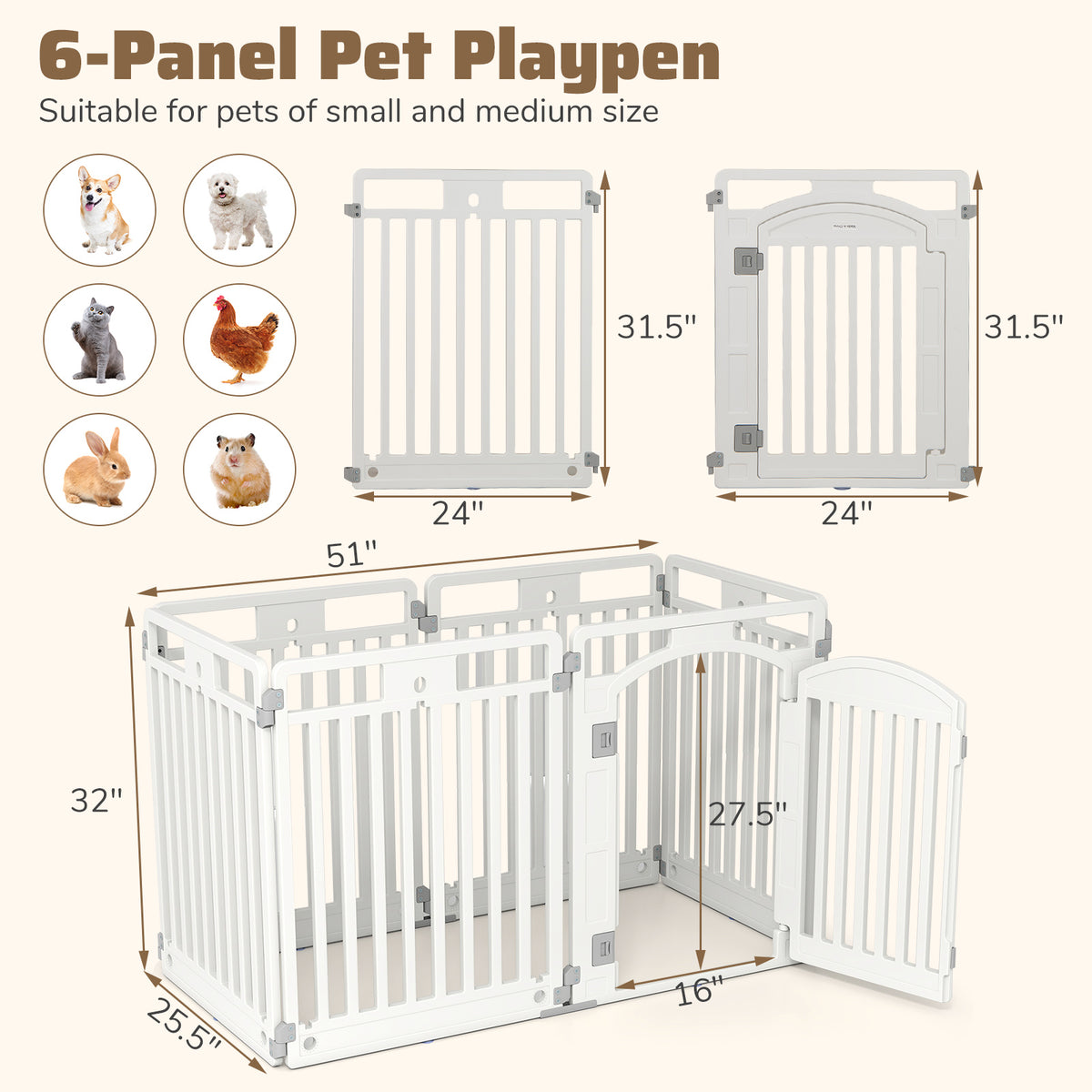 6-Panel Tall Dog Playpen, Foldable Pet Fence, White Pet Gate at Gallery Canada