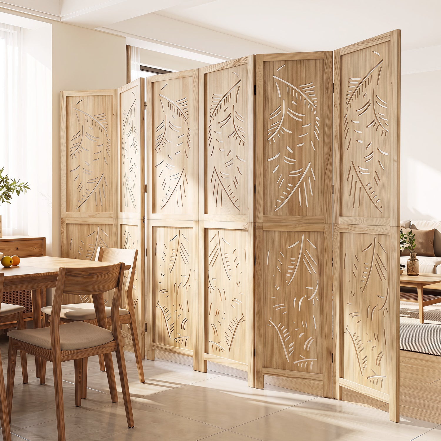 6-Panel Wooden Room Divider, Palm Leaf Design, Paulownia Frame Room Dividers at Gallery Canada