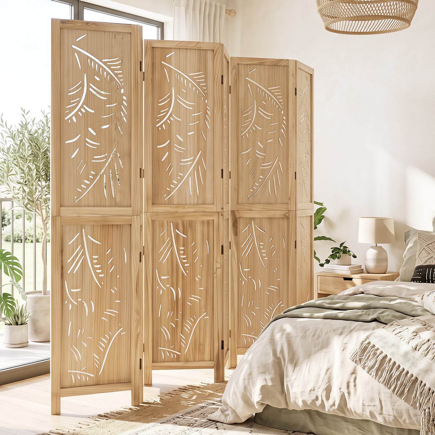 6-Panel Wooden Room Divider, Palm Leaf Design, Paulownia Frame Room Dividers at Gallery Canada