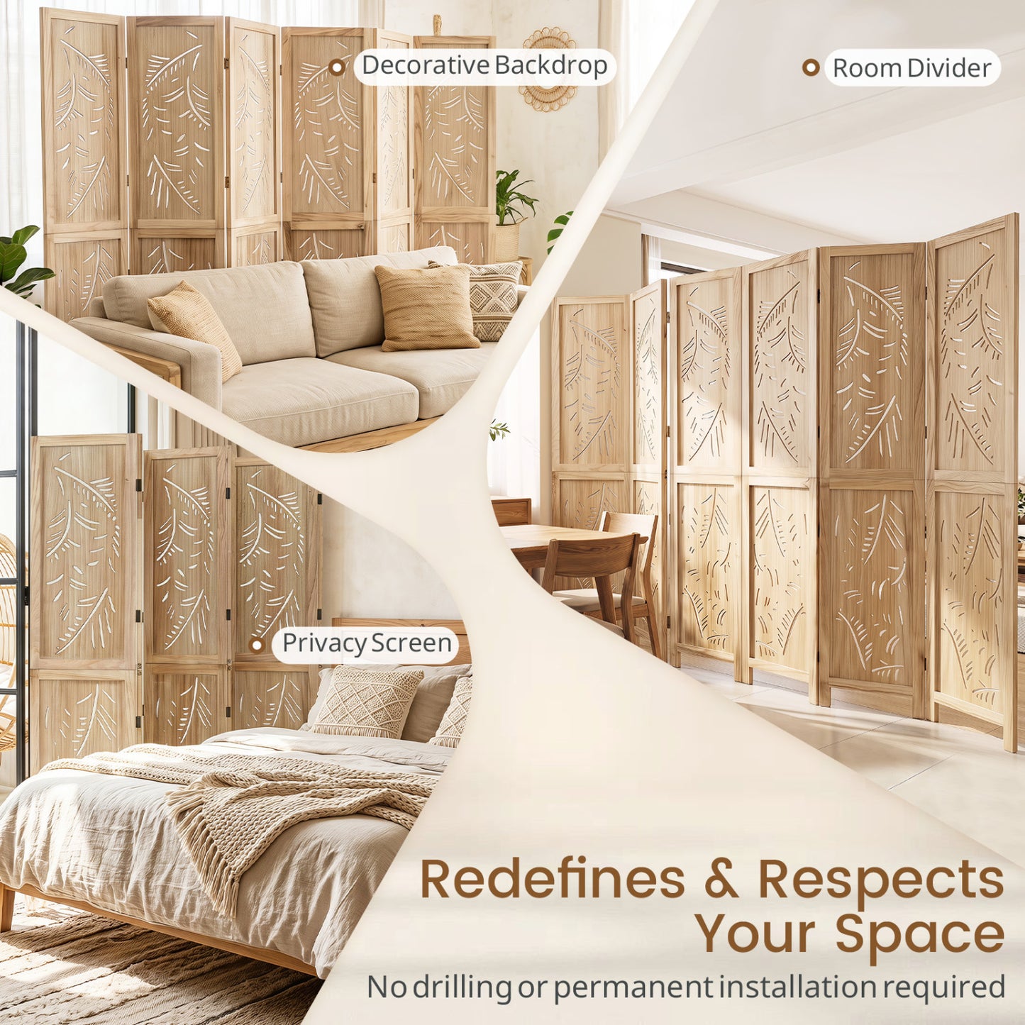 6-Panel Wooden Room Divider, Palm Leaf Design, Paulownia Frame Room Dividers at Gallery Canada