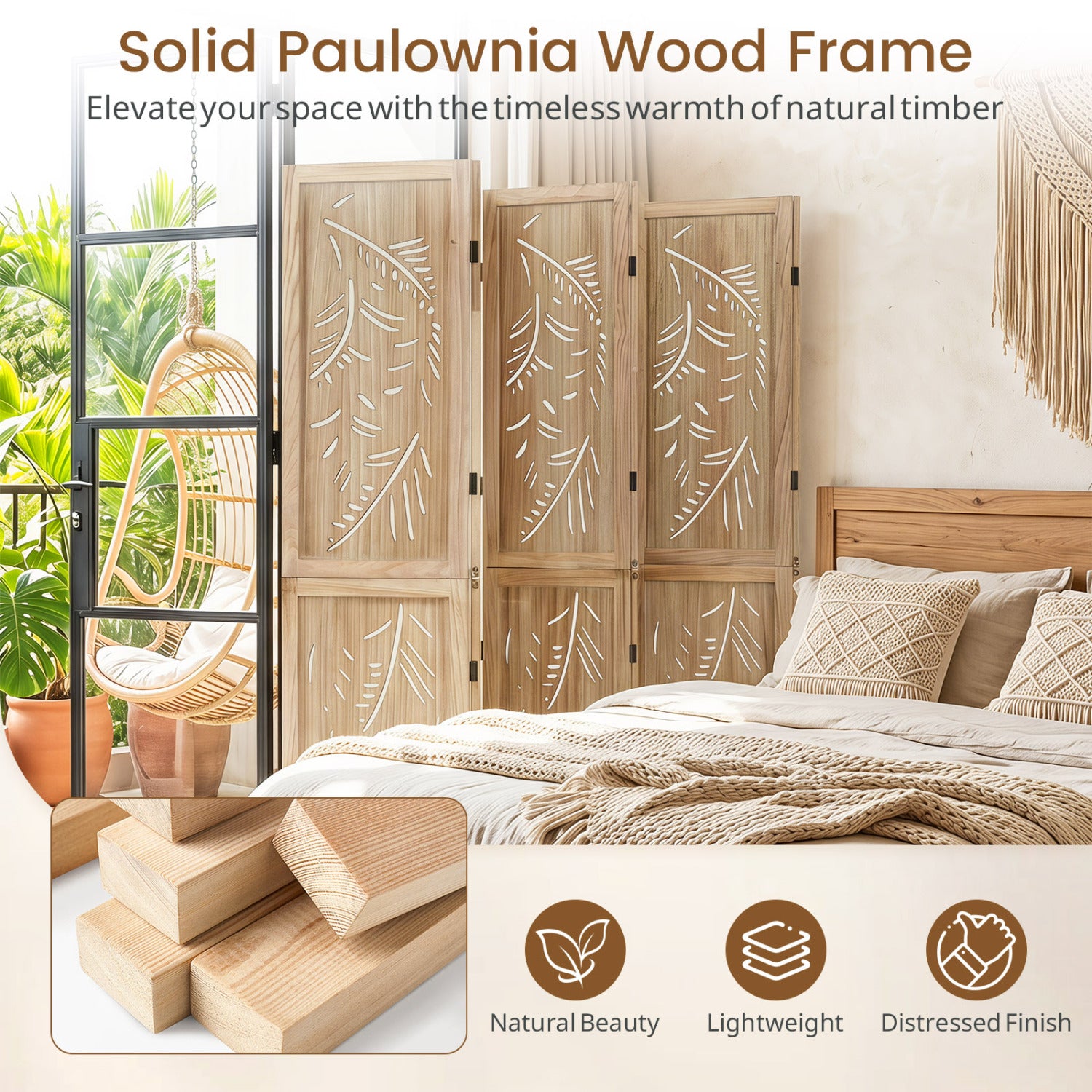 6-Panel Wooden Room Divider, Palm Leaf Design, Paulownia Frame Room Dividers at Gallery Canada
