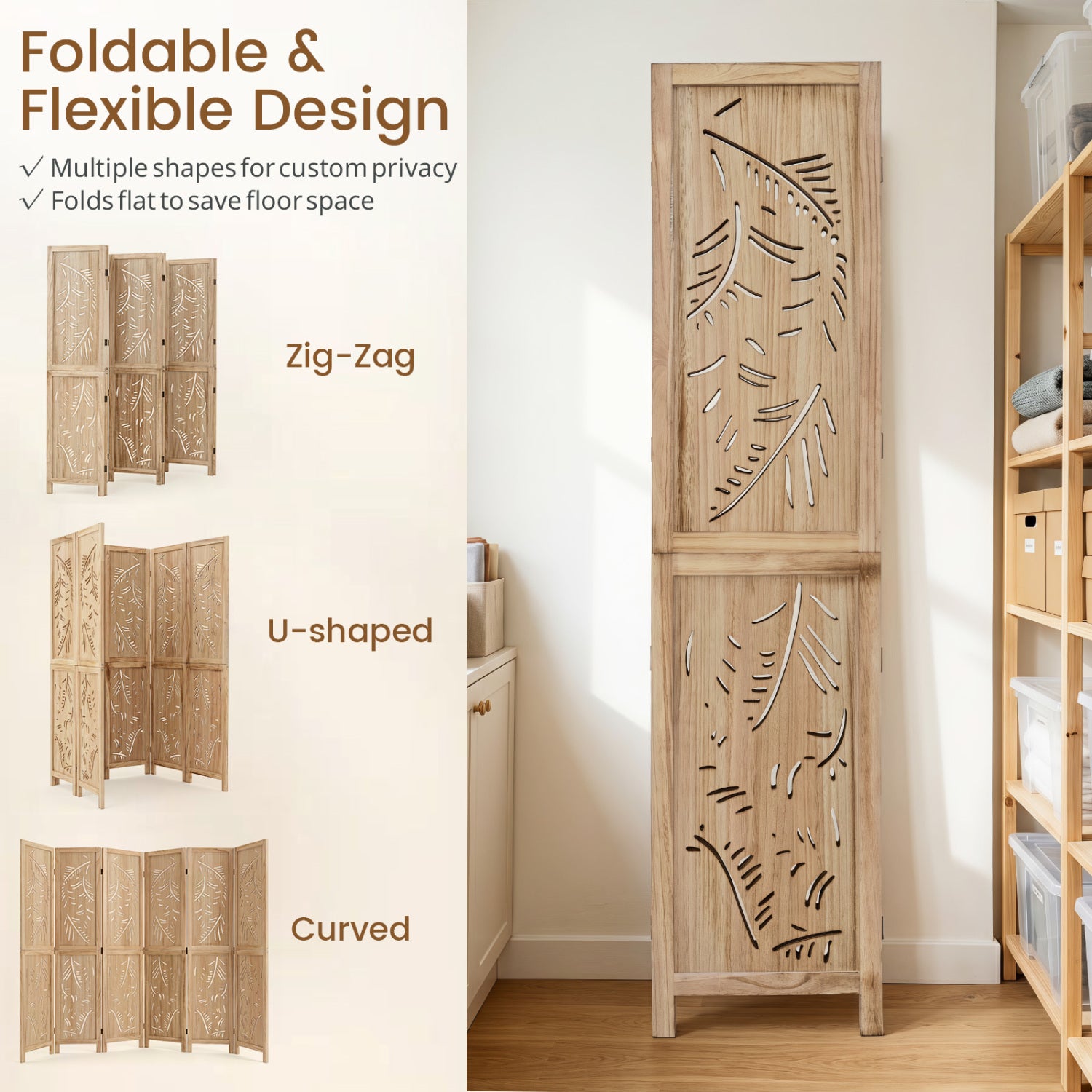 6-Panel Wooden Room Divider, Palm Leaf Design, Paulownia Frame Room Dividers at Gallery Canada