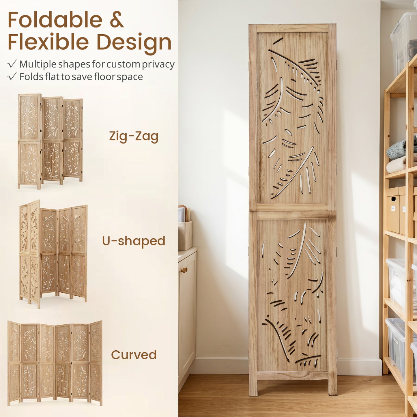 6-Panel Wooden Room Divider, Palm Leaf Design, Paulownia Frame Room Dividers at Gallery Canada