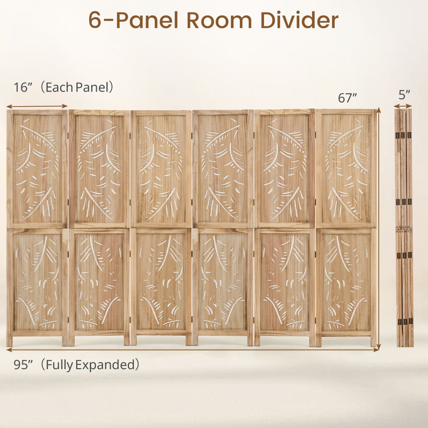 6-Panel Wooden Room Divider, Palm Leaf Design, Paulownia Frame Room Dividers at Gallery Canada