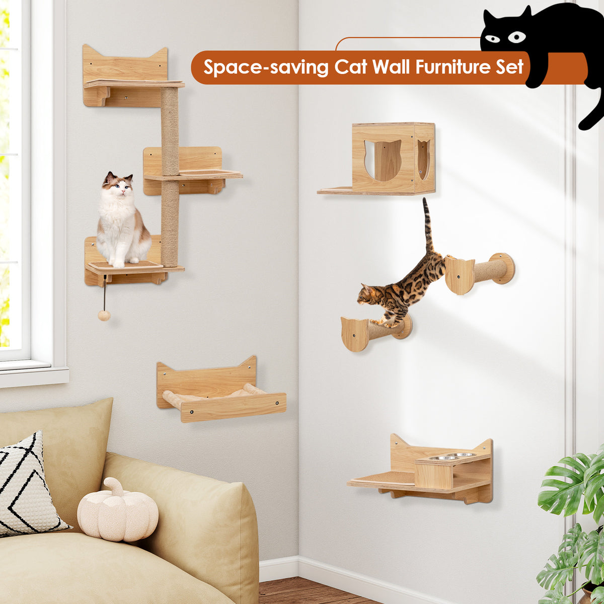 6-Piece Cat Wall Furniture Set, Shelves, Natural Cat Trees Condos & Scratchers at Gallery Canada