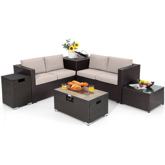 6 Piece Outdoor Wicker Furniture Set, 32 Inch Propane Fire Pit Table, Beige Patio Conversation Sets Beige at Gallery Canada