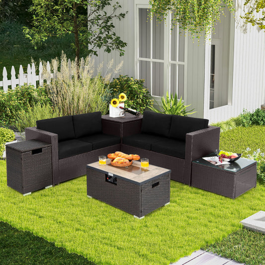 6-Piece Outdoor Wicker Set with 32" Propane Fire Pit, Black Patio Conversation Sets Black at Gallery Canada