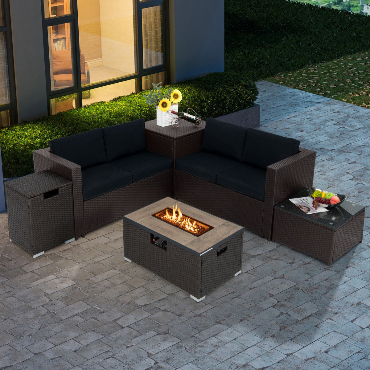 6-Piece Outdoor Wicker Set with 32" Propane Fire Pit, Black Patio Conversation Sets at Gallery Canada