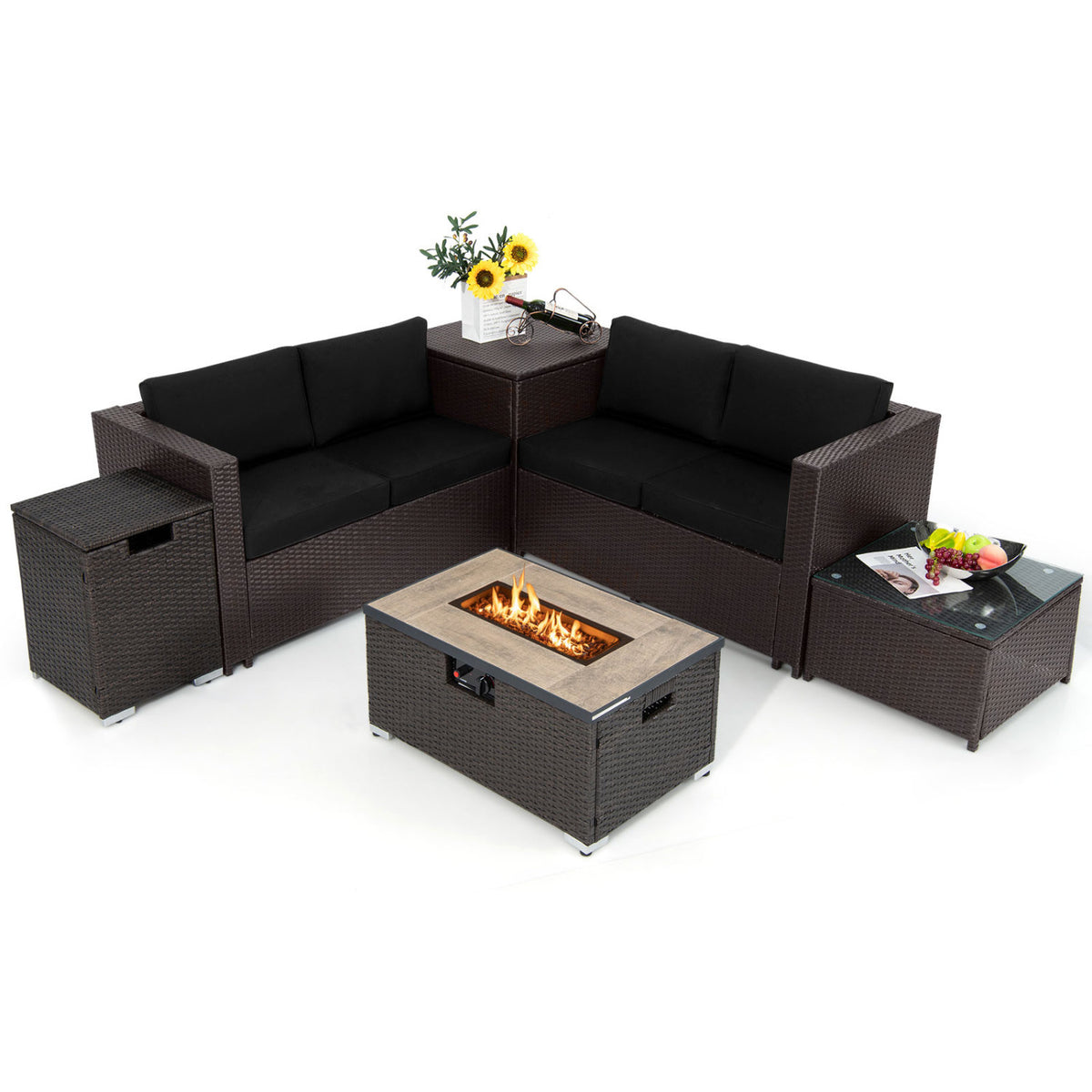 6-Piece Outdoor Wicker Set with 32" Propane Fire Pit, Black Patio Conversation Sets at Gallery Canada
