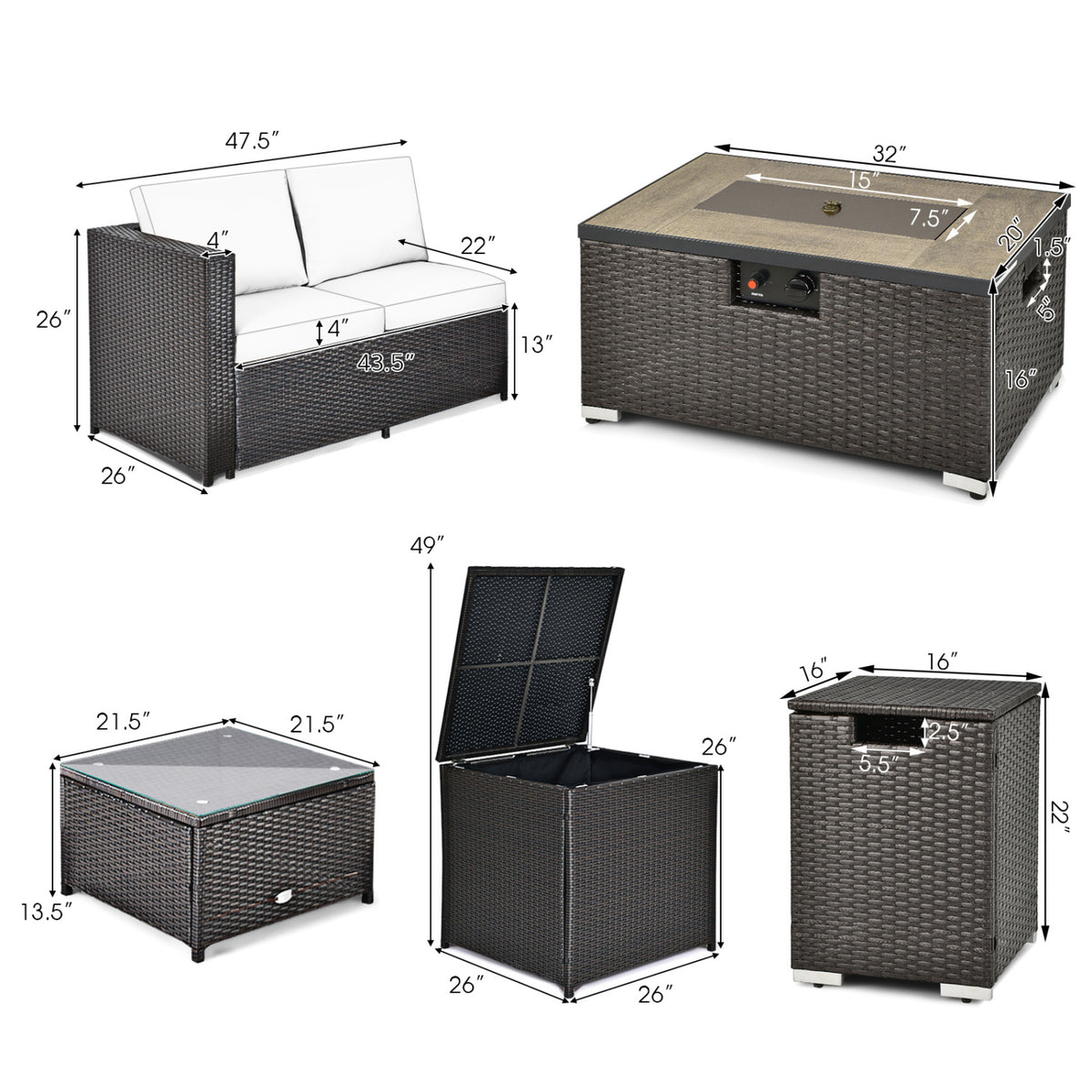 6-Piece Outdoor Wicker Set with 32" Propane Fire Pit, Black Patio Conversation Sets at Gallery Canada