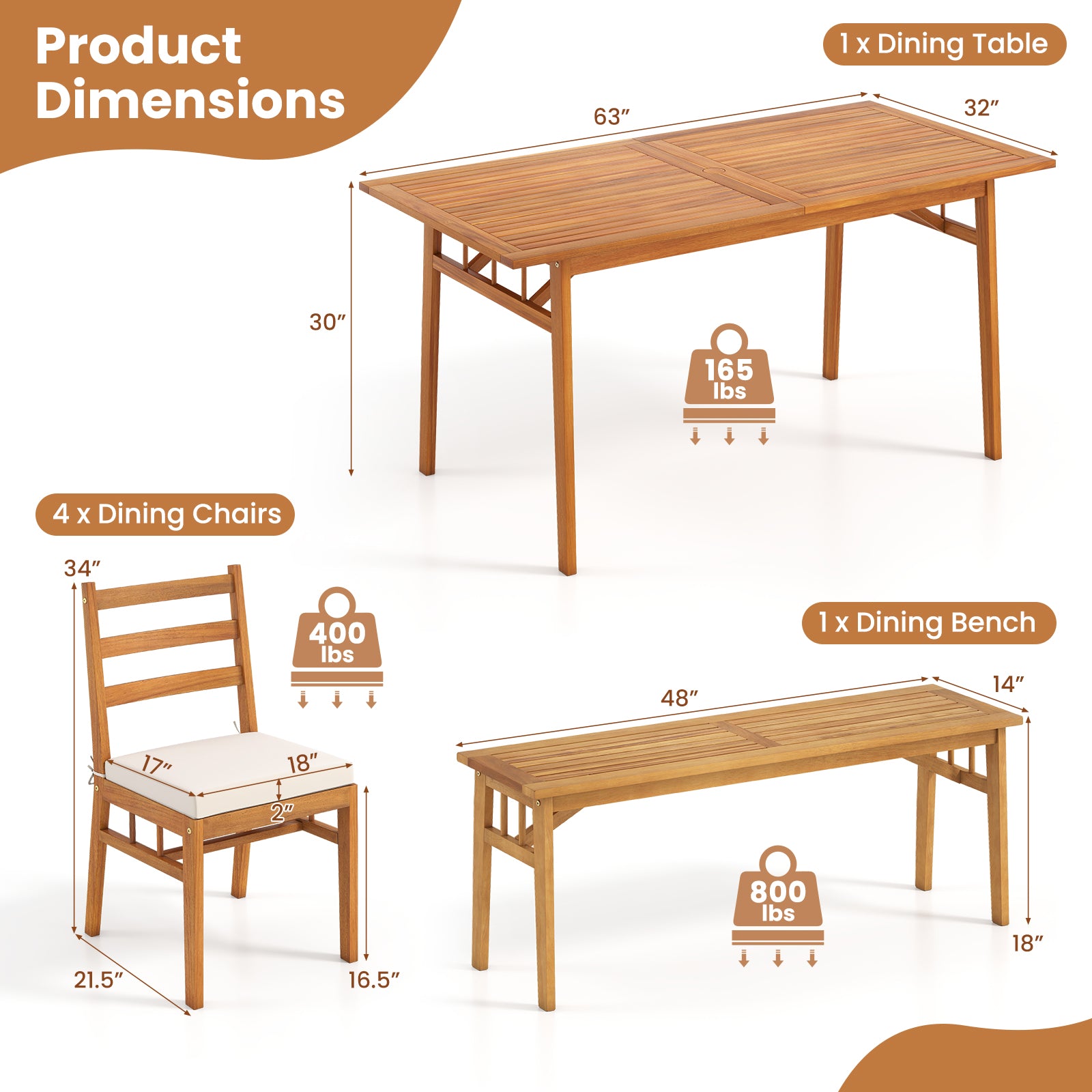 6-Piece Acacia Wood Patio Dining Set, Rectangular Table With Bench And Chairs Patio Dining Sets at Gallery Canada