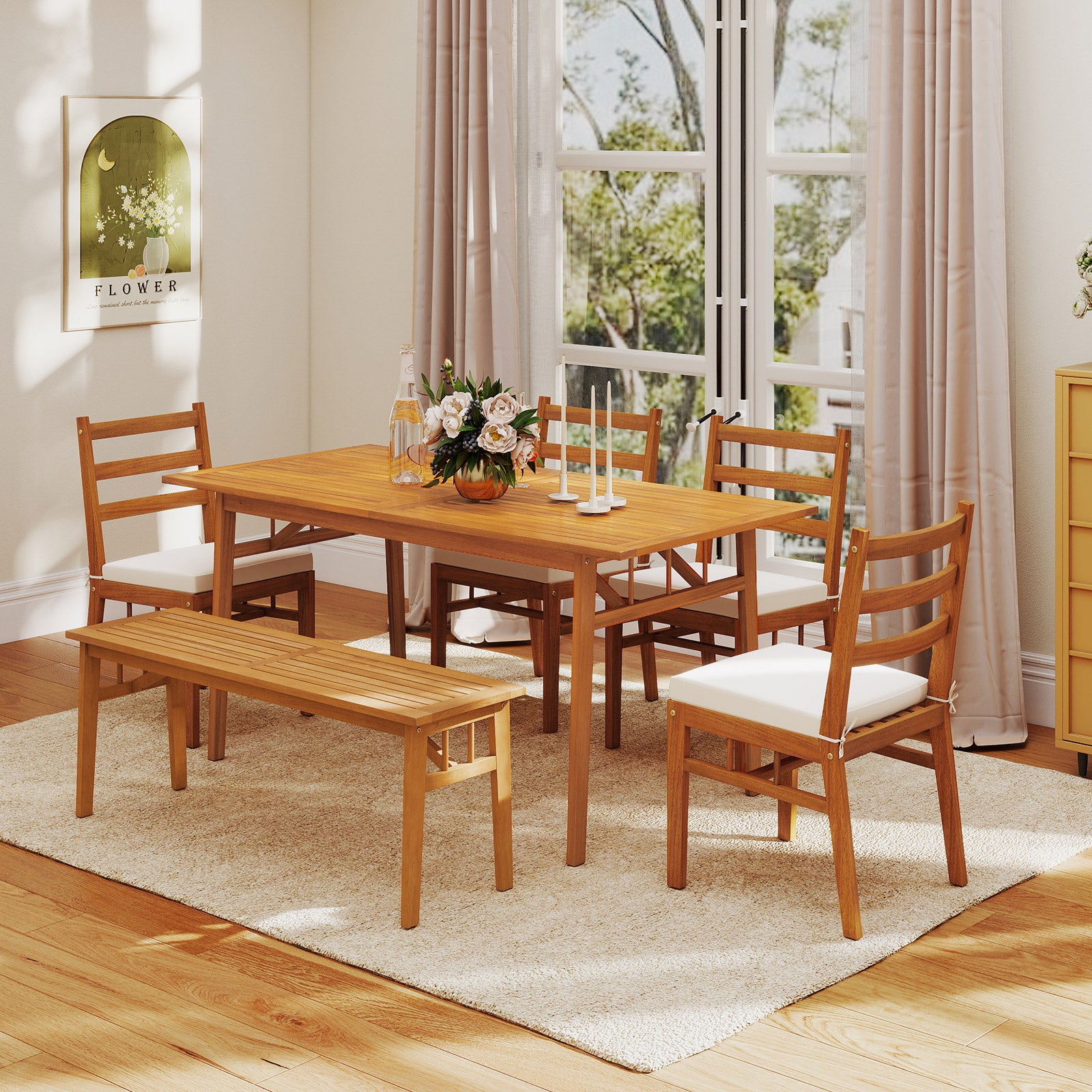 6-Piece Acacia Wood Patio Dining Set, Rectangular Table With Bench And Chairs Patio Dining Sets at Gallery Canada