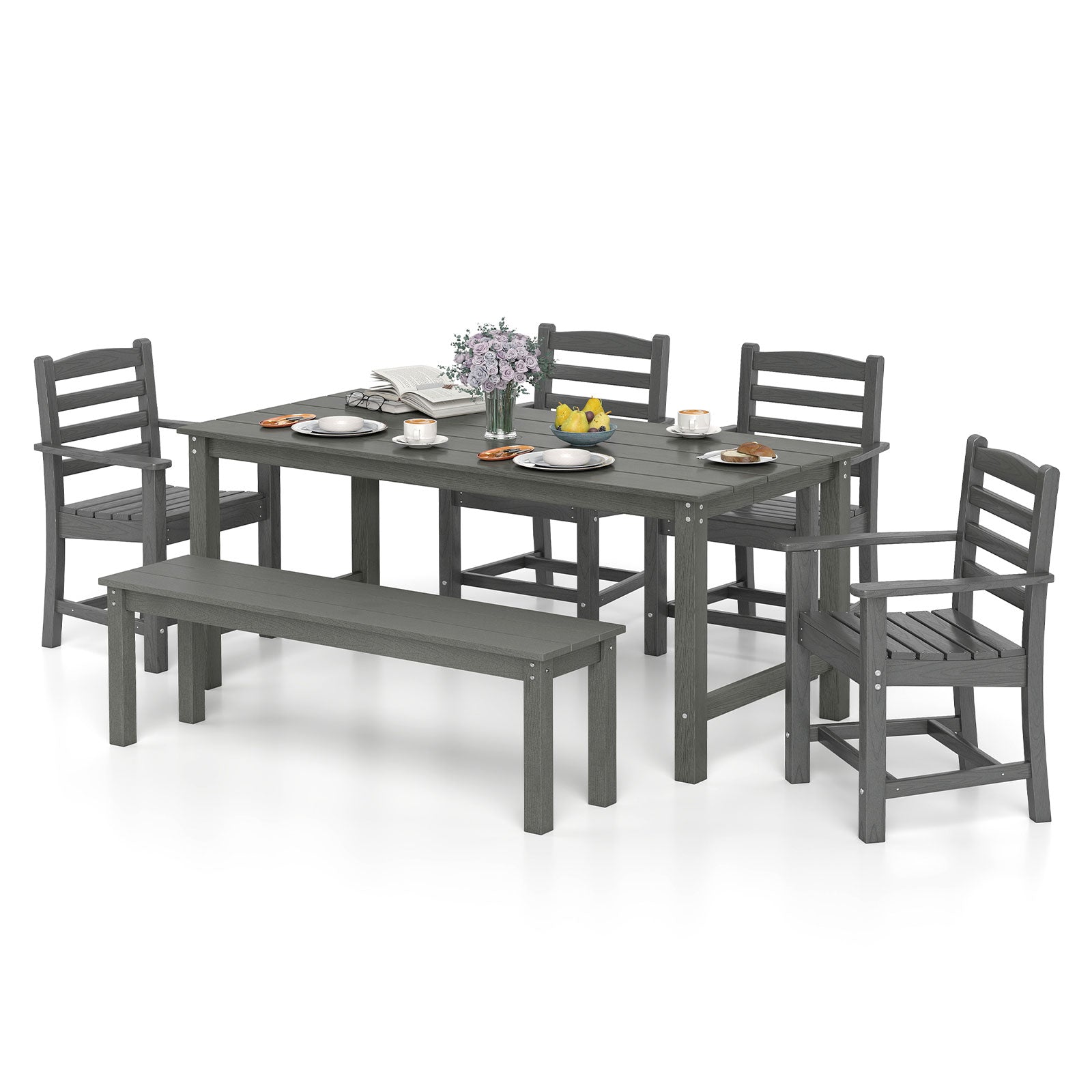 6 Piece Patio Dining Bench Set, HDPE Weather Resistant, Gray Patio Dining Sets at Gallery Canada
