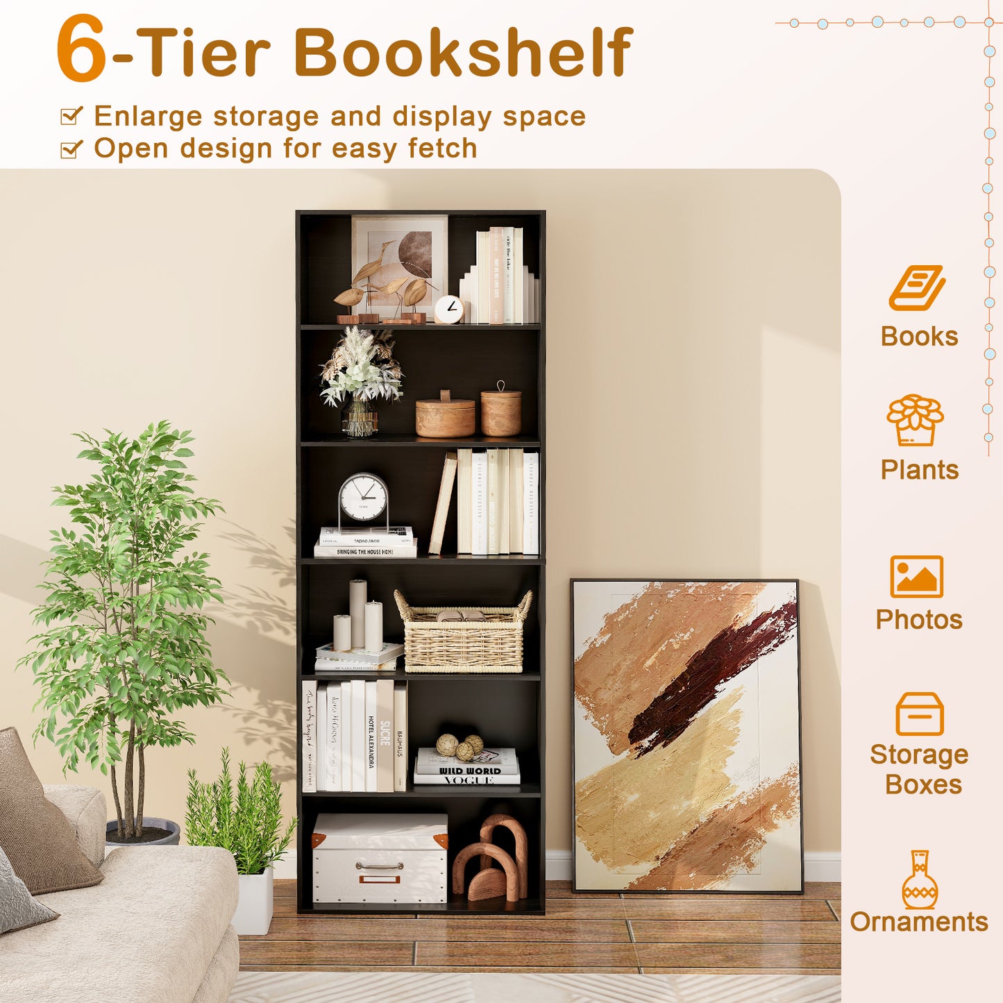 6-Tier Bookcase, 6 Open Shelves, Anti-Toppling Kit, Black Bookcases at Gallery Canada