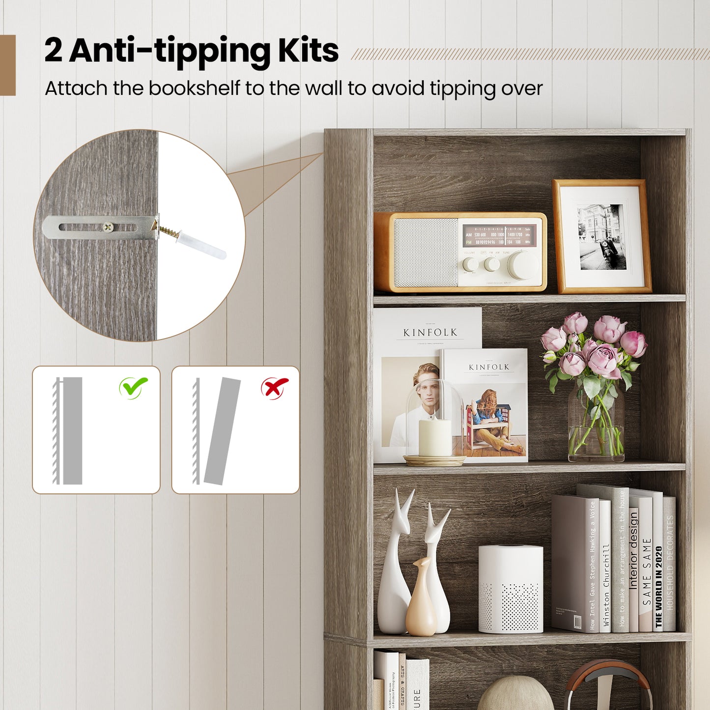 6-Tier Bookcase with 6 Open Shelves and Anti-Toppling Kits, Gray Bookcases at Gallery Canada