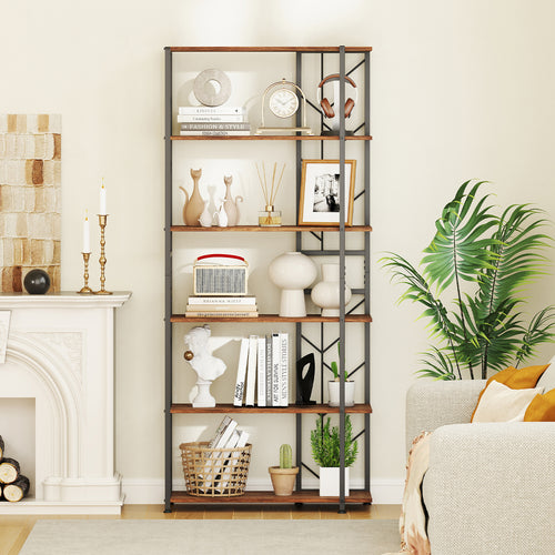 6-Tier Bookshelf, Geometric Bookcase, Heavy-Duty Metal Frame, Brown