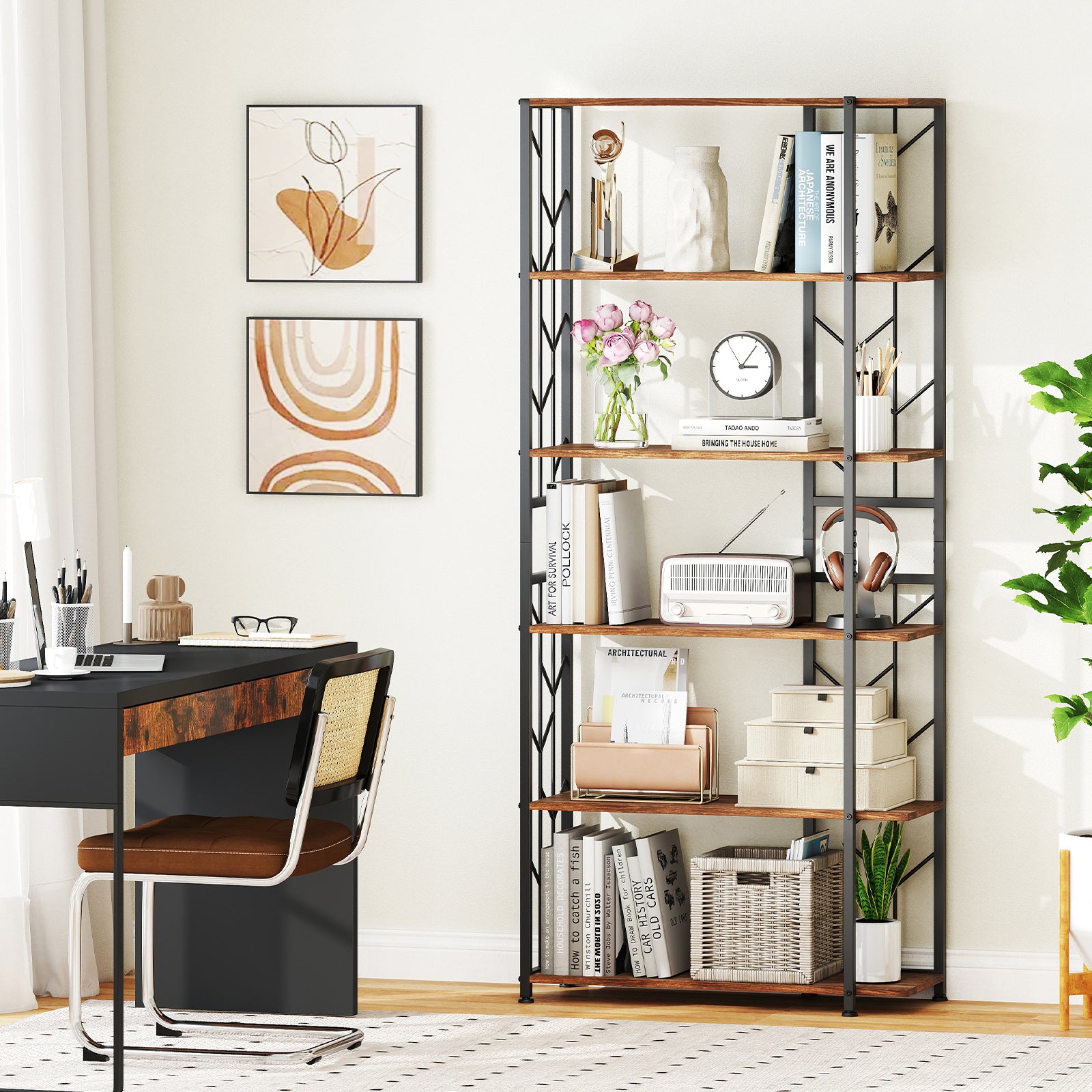 6-Tier Bookshelf, Geometric Bookcase, Heavy-Duty Metal Frame, Brown Bookcases at Gallery Canada