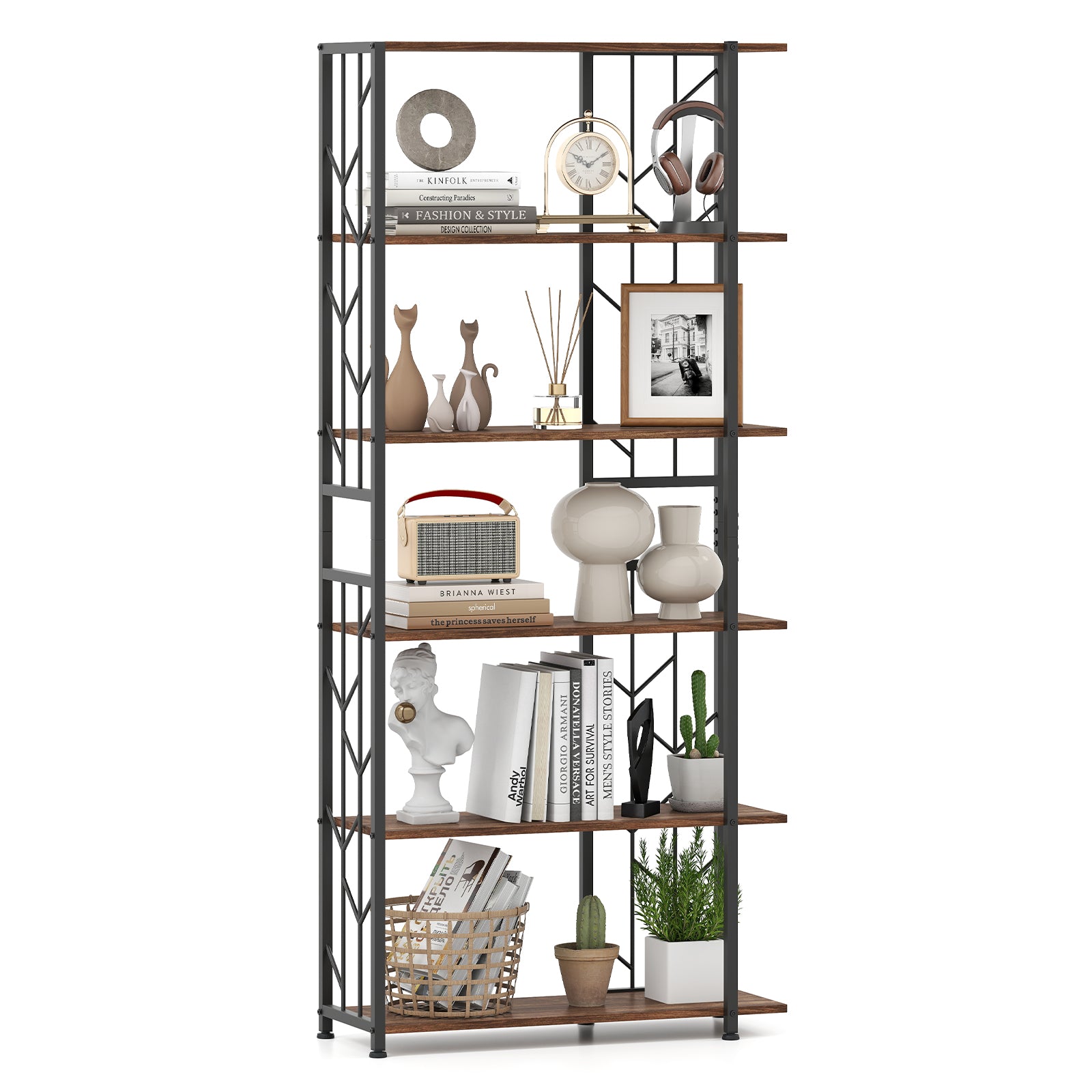 6-Tier Bookshelf, Geometric Bookcase, Heavy-Duty Metal Frame, Brown Bookcases Rustic Brown at Gallery Canada