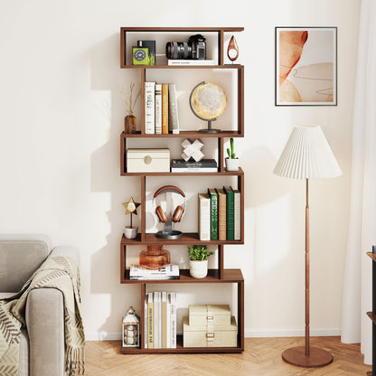 6-Tier Geometric Bookshelf, Walnut, 2 Anti-Tipping Kits Bookcases at Gallery Canada