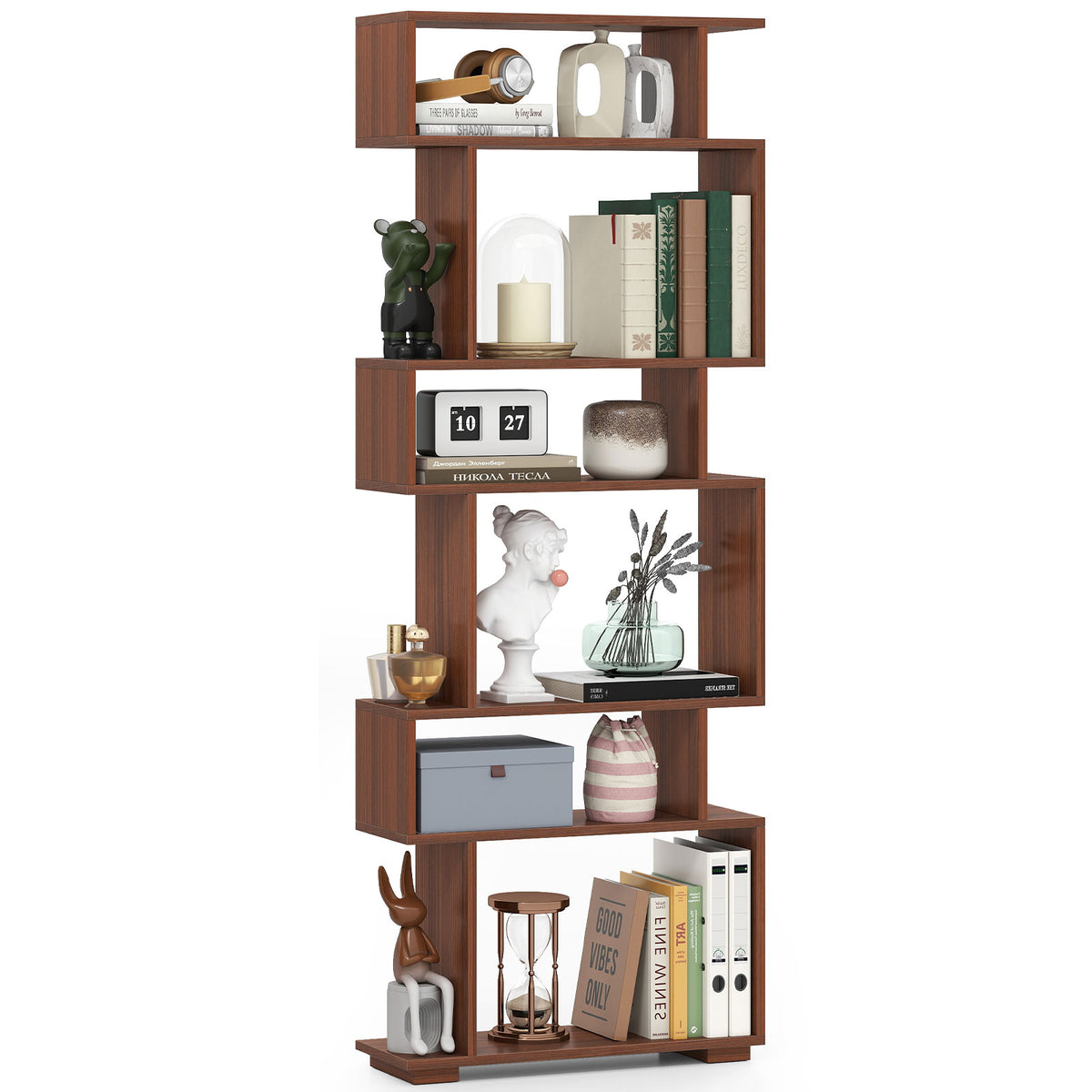6-Tier Geometric Bookshelf, Walnut, 2 Anti-Tipping Kits Bookcases at Gallery Canada
