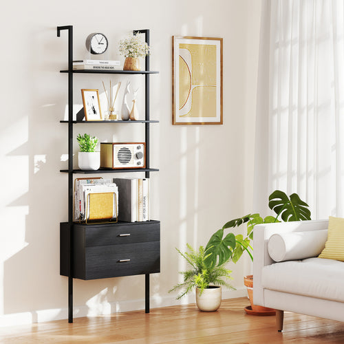 6-Tier Ladder Bookcase, 2 Drawers, Metal Frame, Black