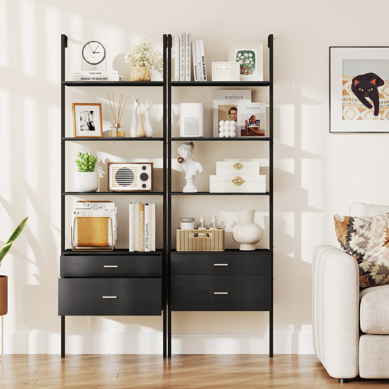6-Tier Ladder Bookcase, 2 Drawers, Metal Frame, Black Bookcases at Gallery Canada